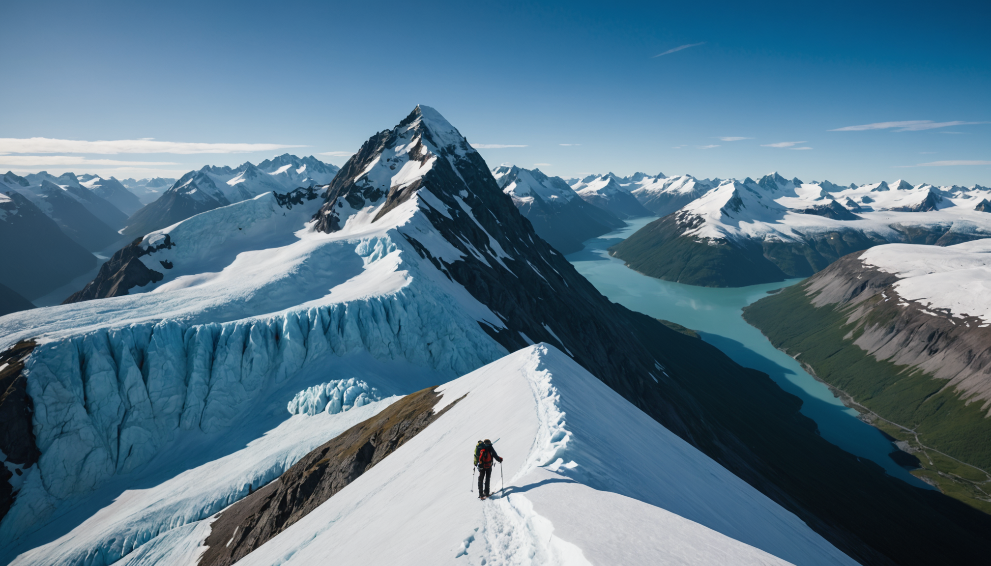 A climber ascending a peak in the Chugach Mountains with Anchorage in the background