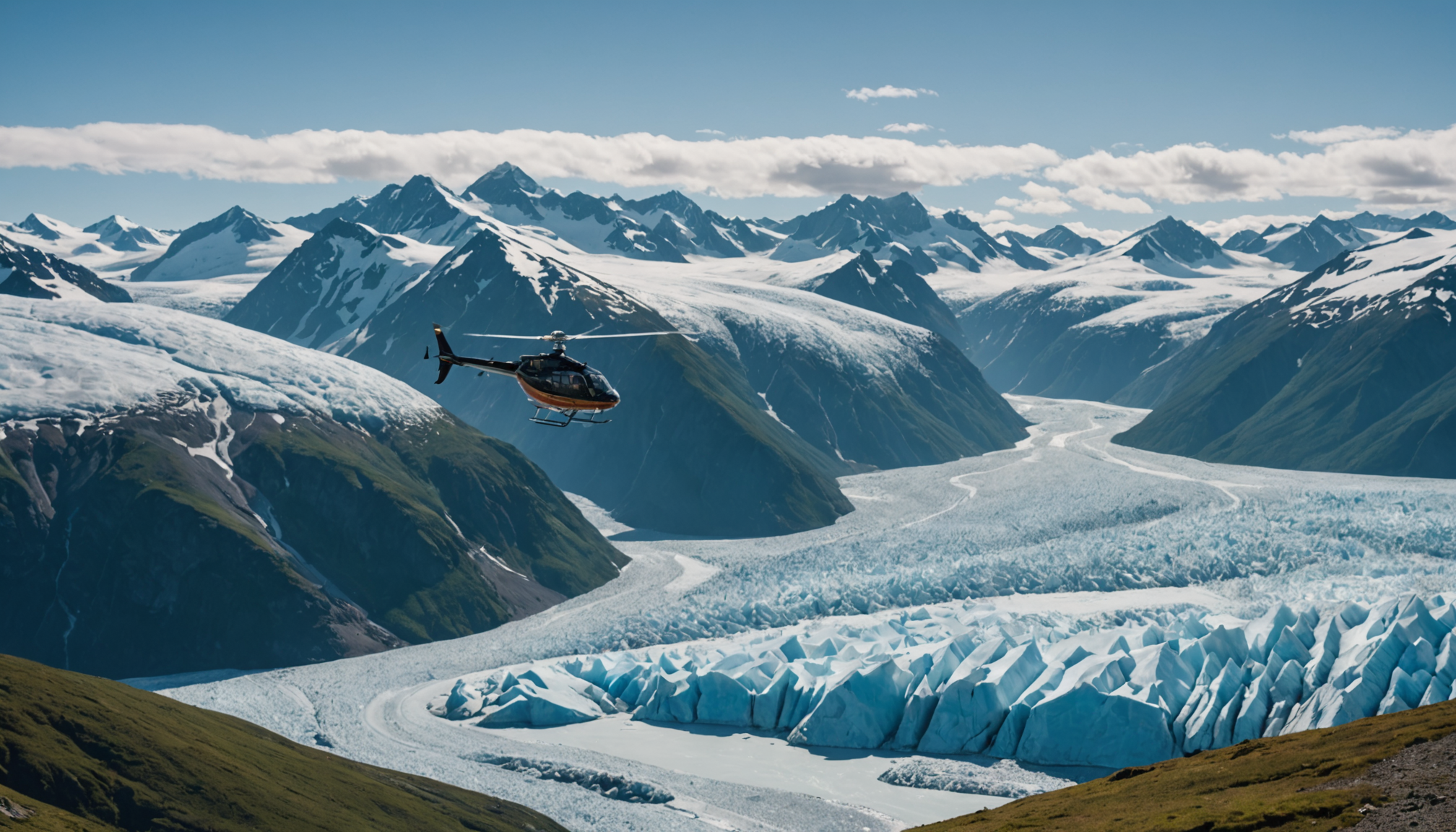 A helicopter flying over Knik Glacier