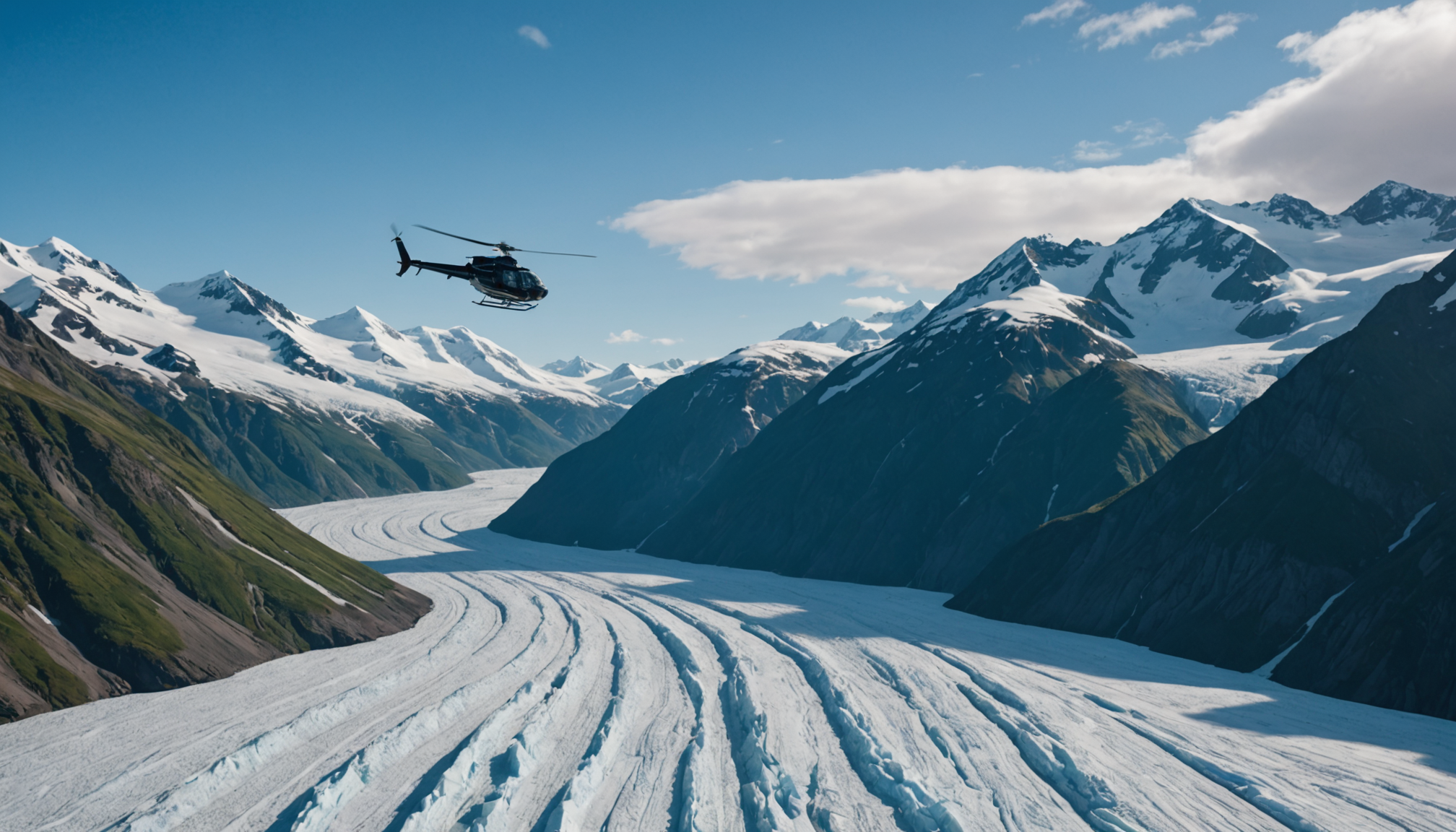 Helicopter flying over Knik Glacier