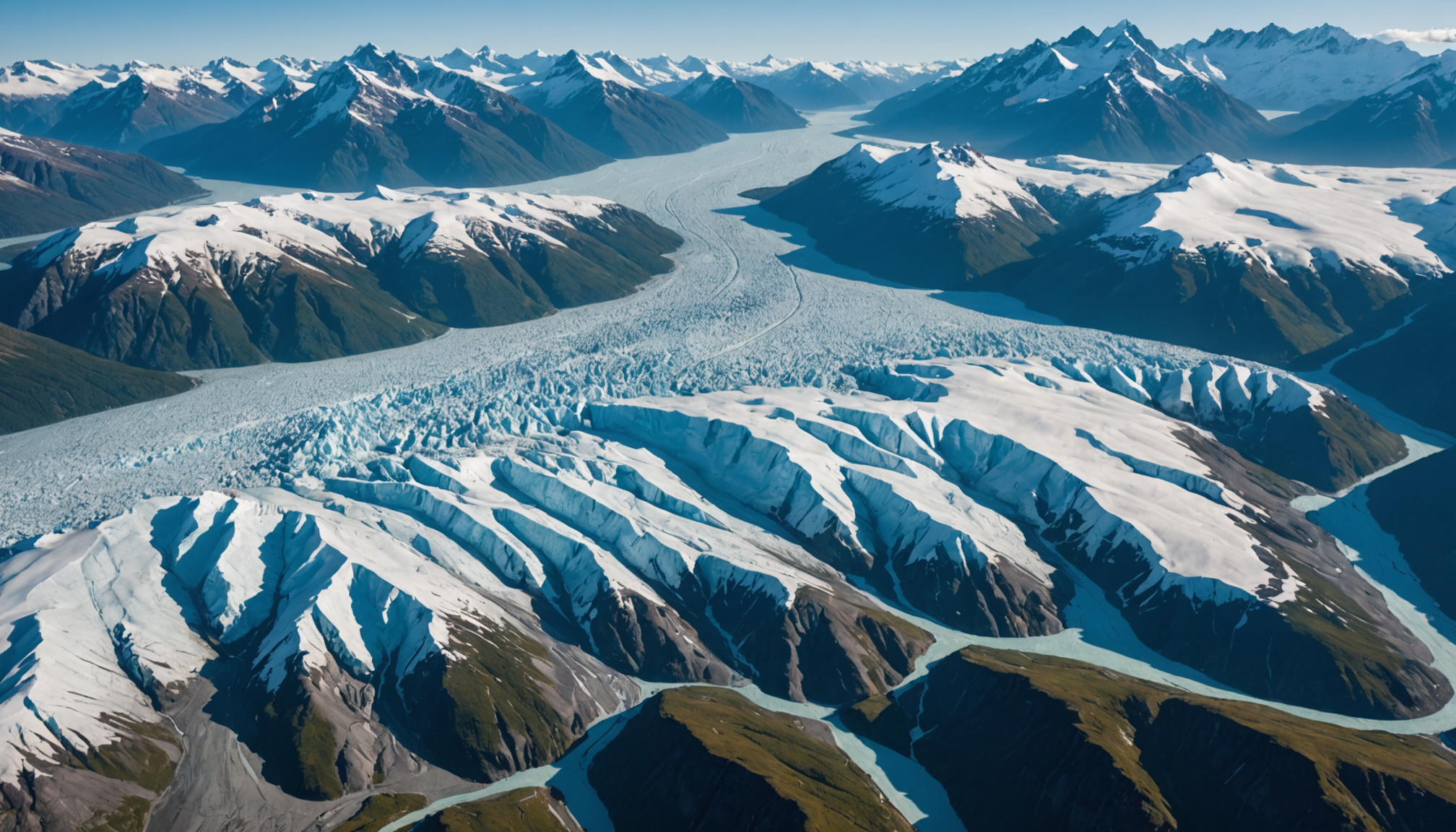 Aerial view of the Knik Glacier with a helicopter in the frame