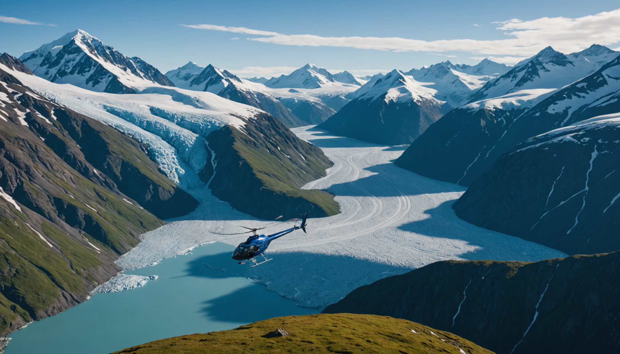 Helicopter flying over Knik Glacier