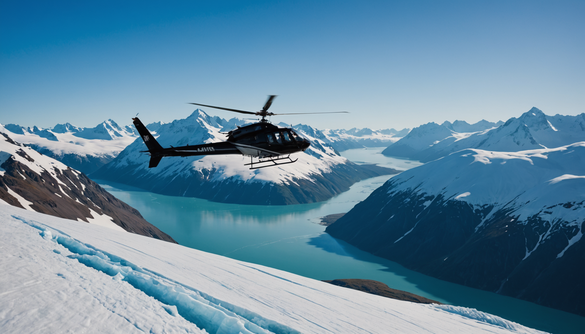Helicopter soaring over Knik Glacier