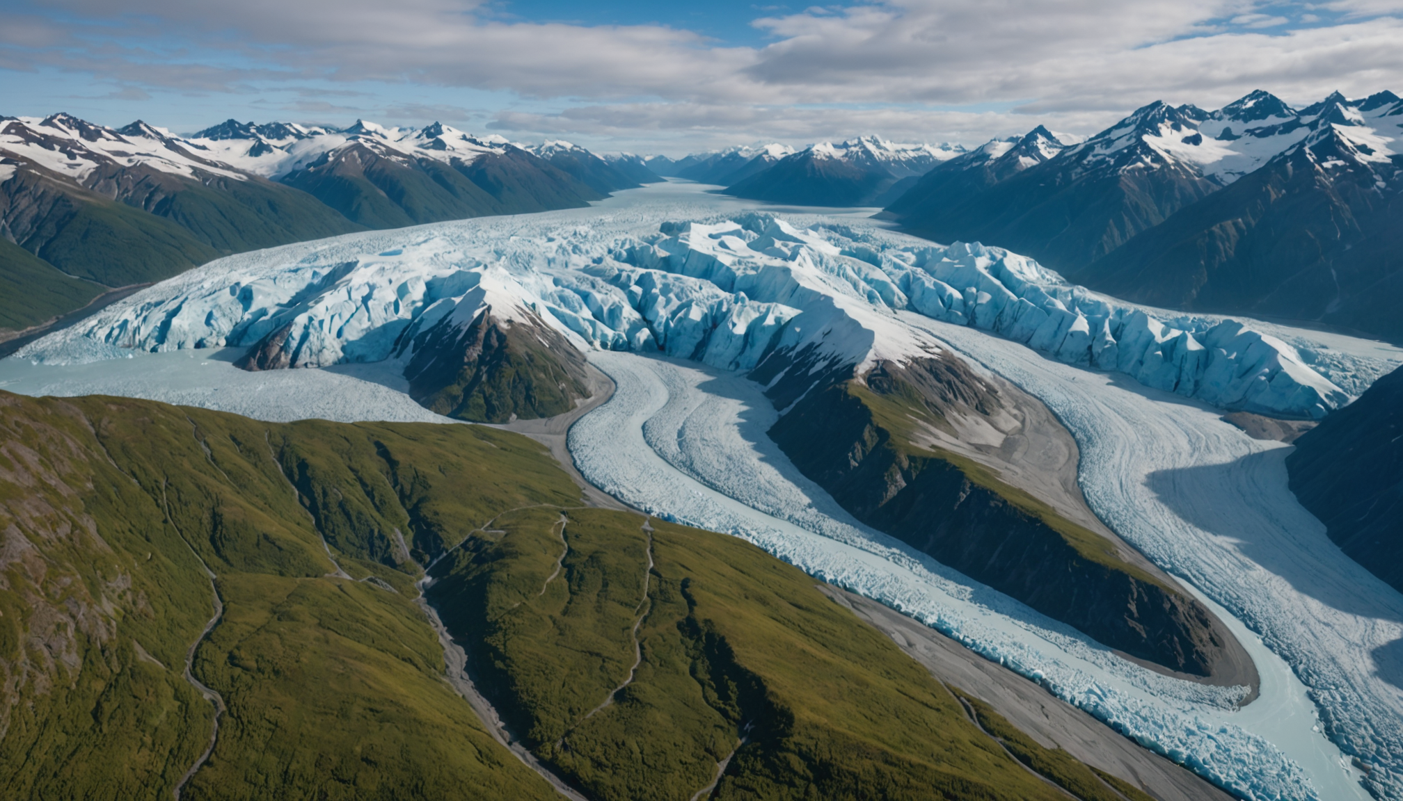 Aerial view of Knik Glacier with surrounding mountains