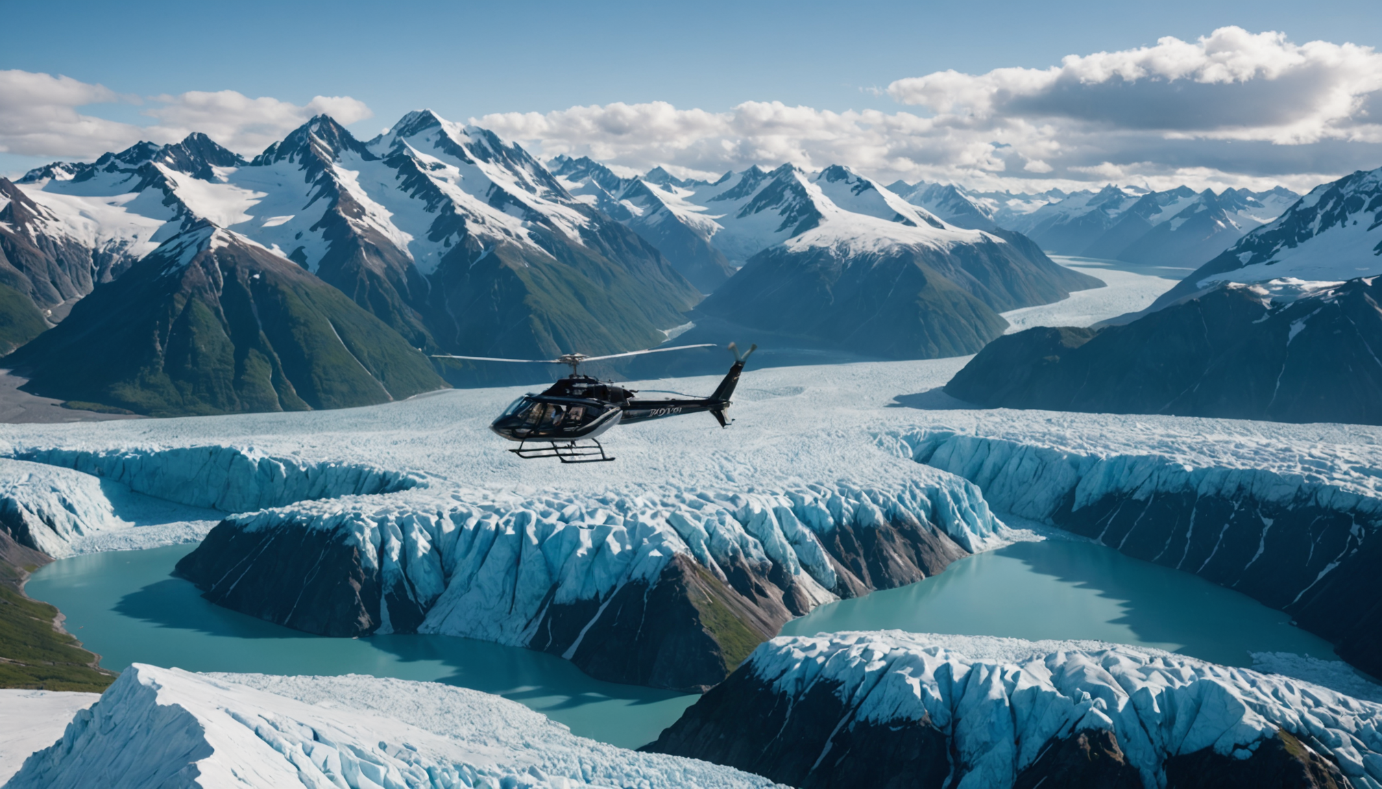 Helicopter flying over Knik Glacier