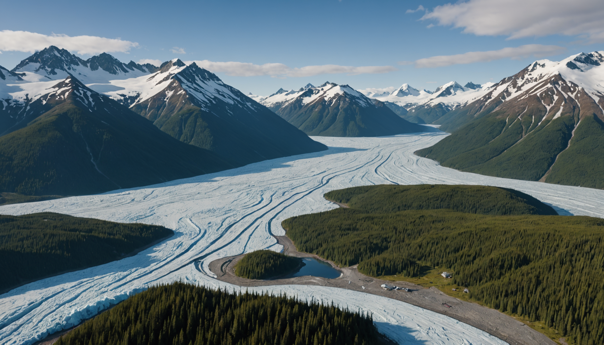 Aerial view of an Alaskan oil field surrounded by snow-covered mountains