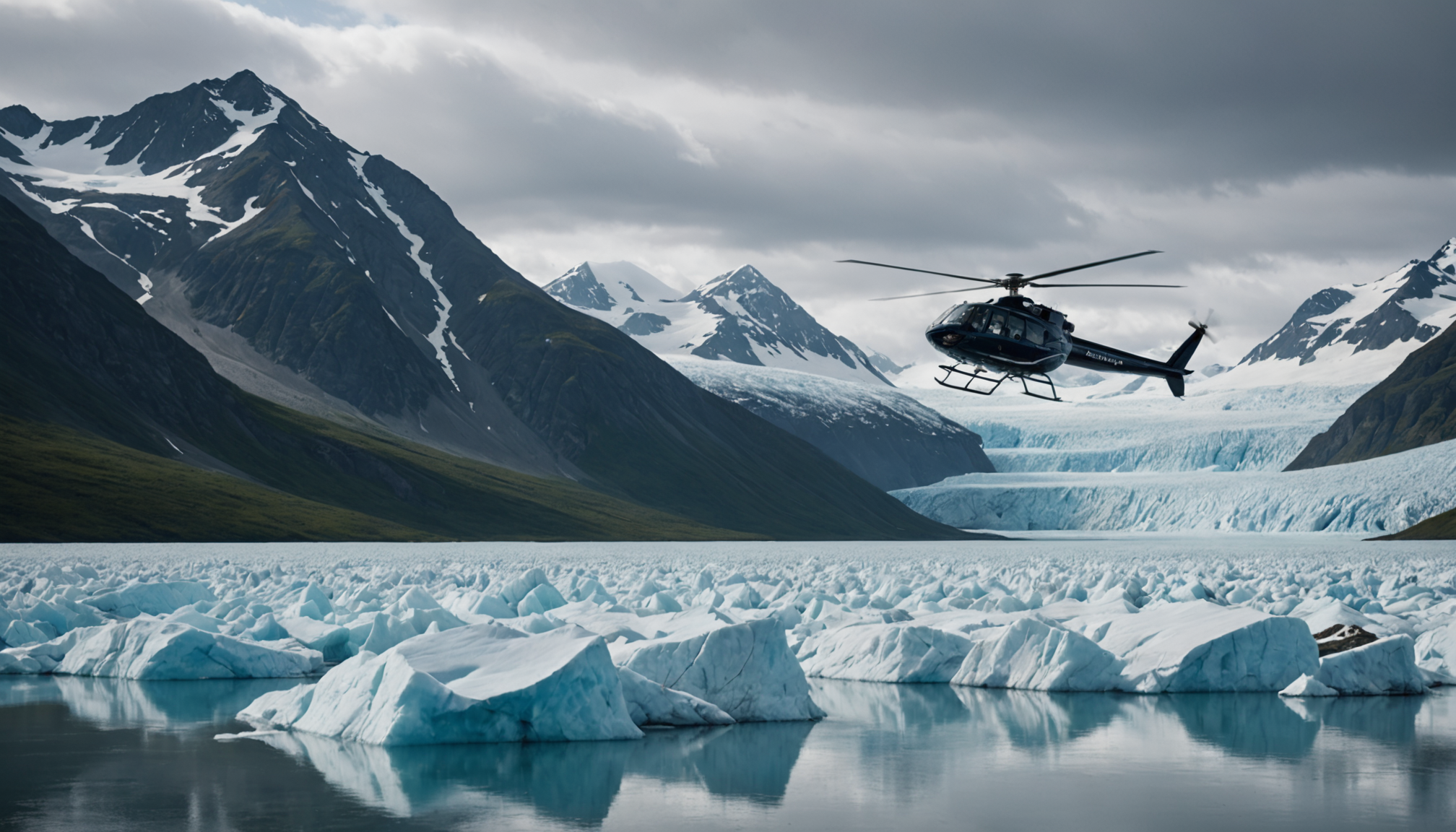 Helicopter landing on a glacier with a wedding couple in Alaska