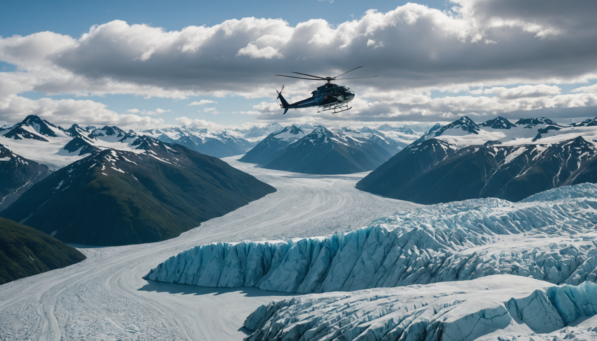 Helicopter flying over Knik Glacier