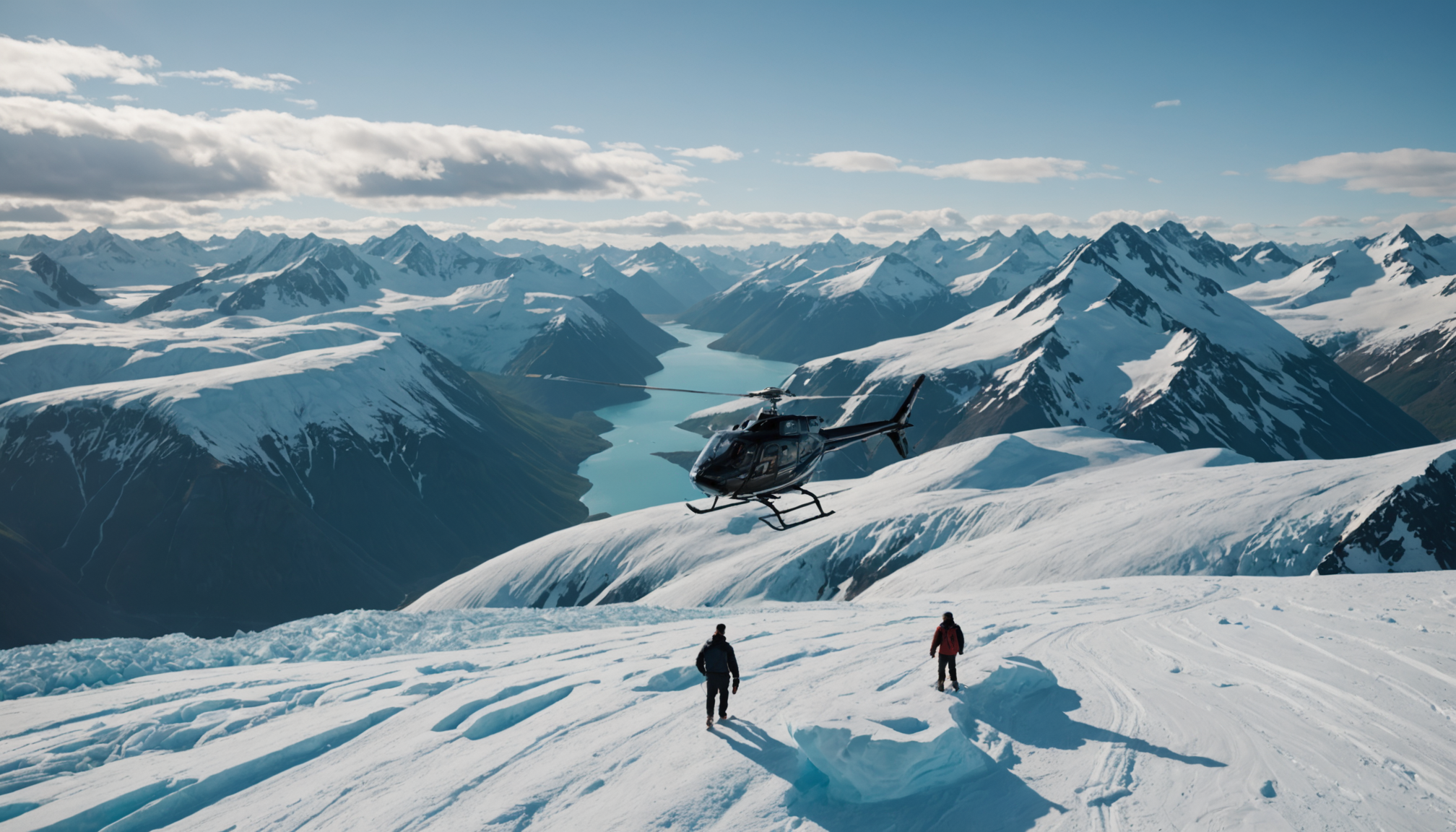 A couple enjoying a helicopter ride over the Knik Glacier