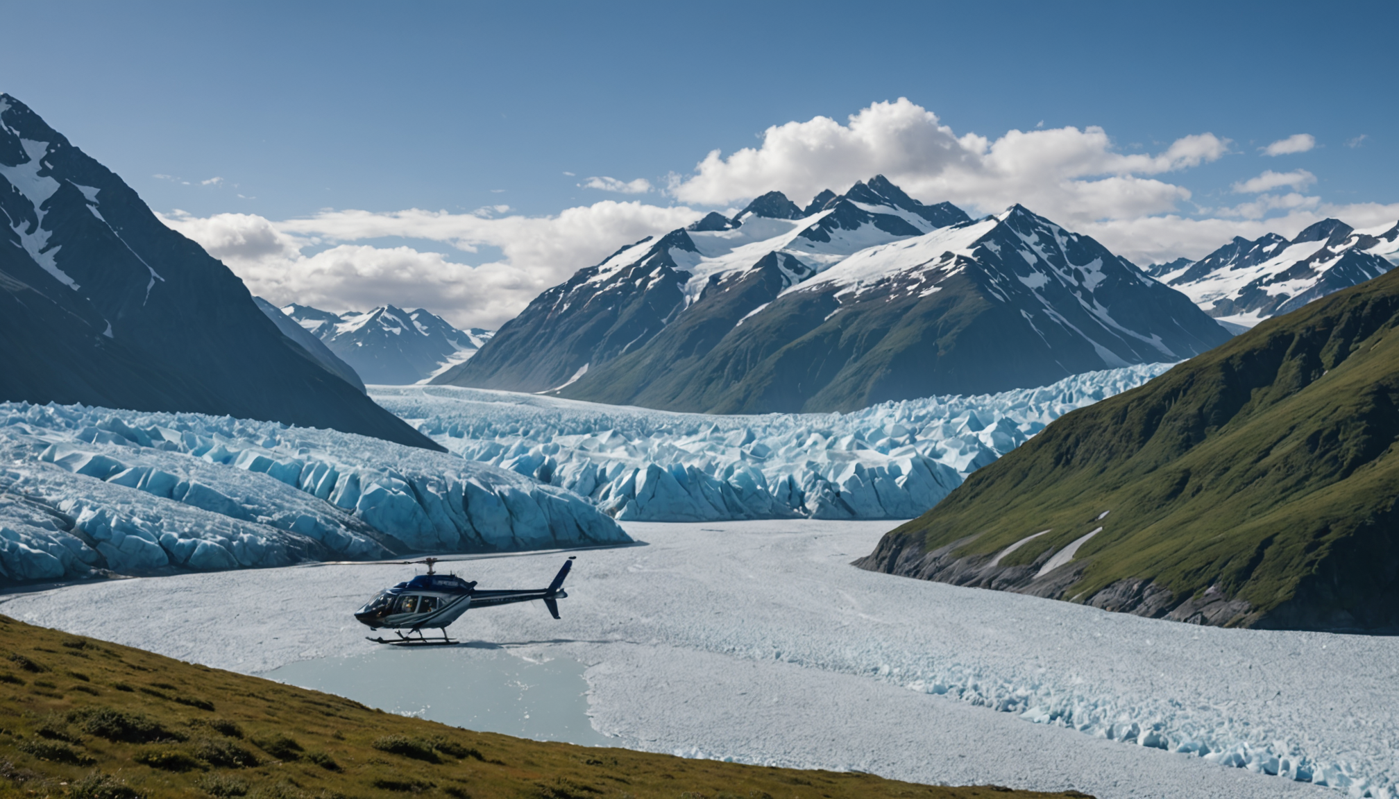 A helicopter landing on Knik Glacier with a couple stepping out to exchange vows