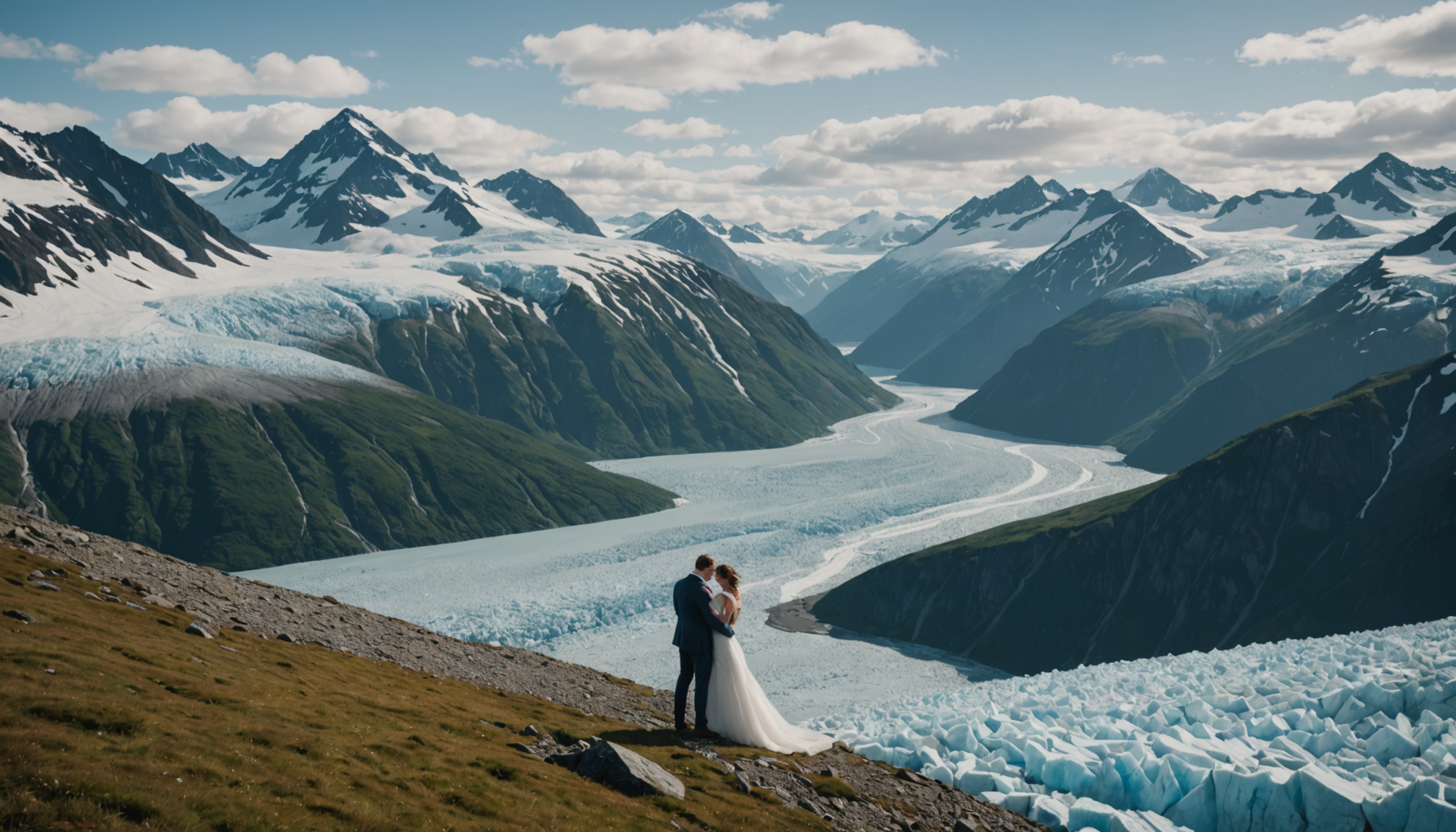 A couple exchanging vows on Knik Glacier, surrounded by ice and snow.