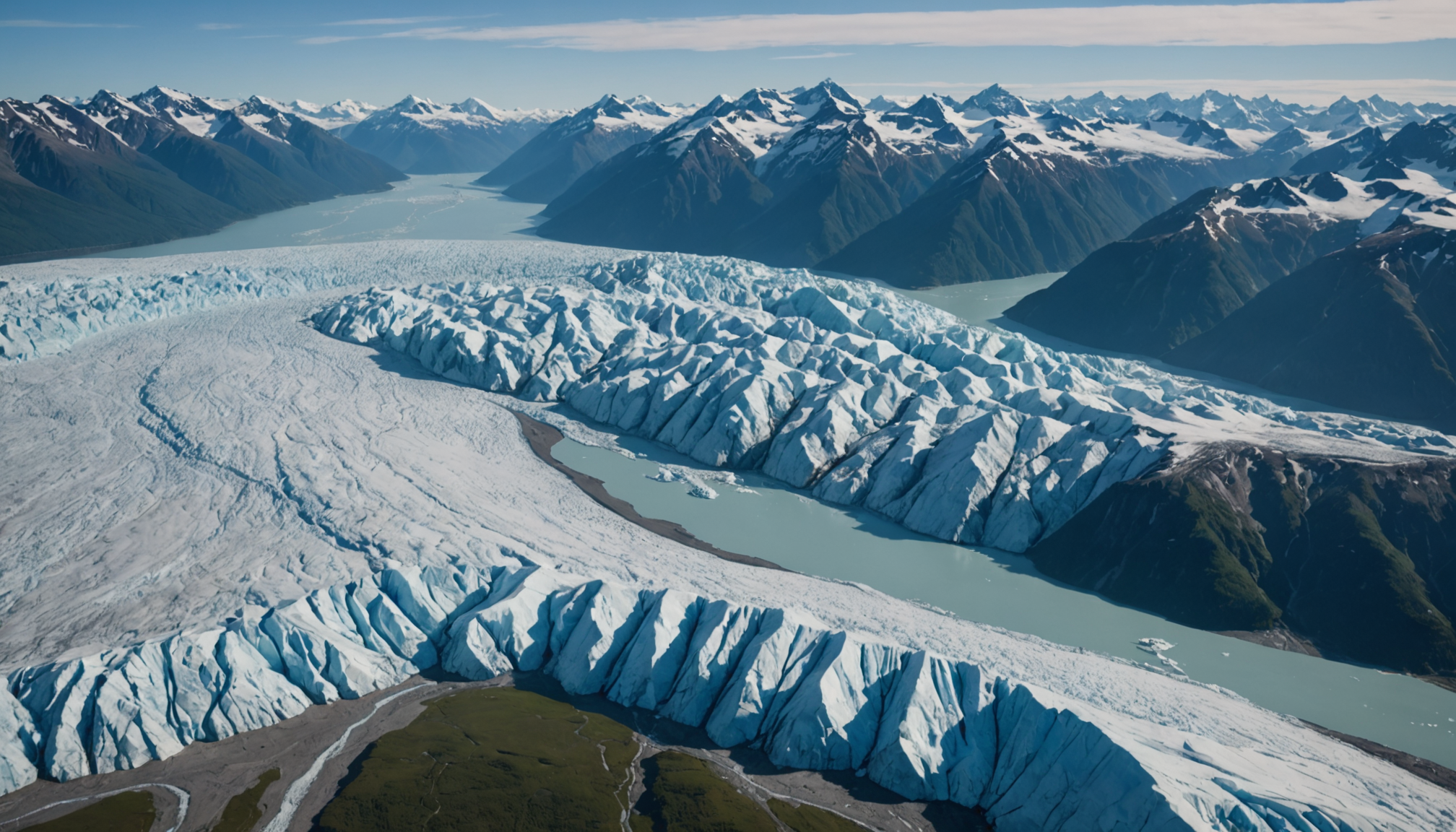 Aerial view of Knik Glacier with a helicopter in the foreground