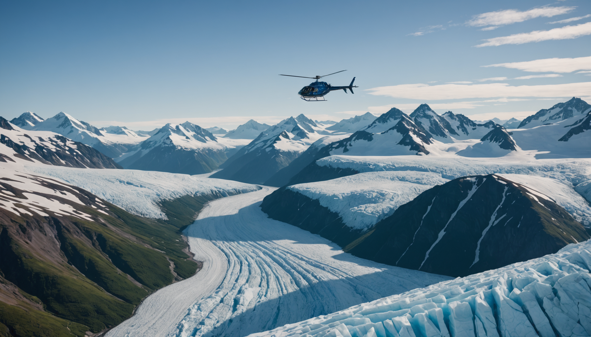 Helicopter flying over a glacier in Seward