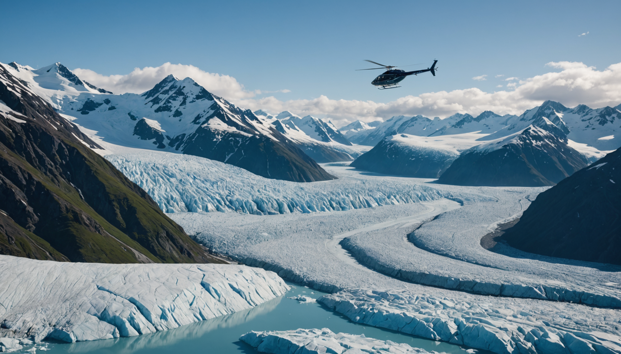 Helicopter flying over Knik Glacier