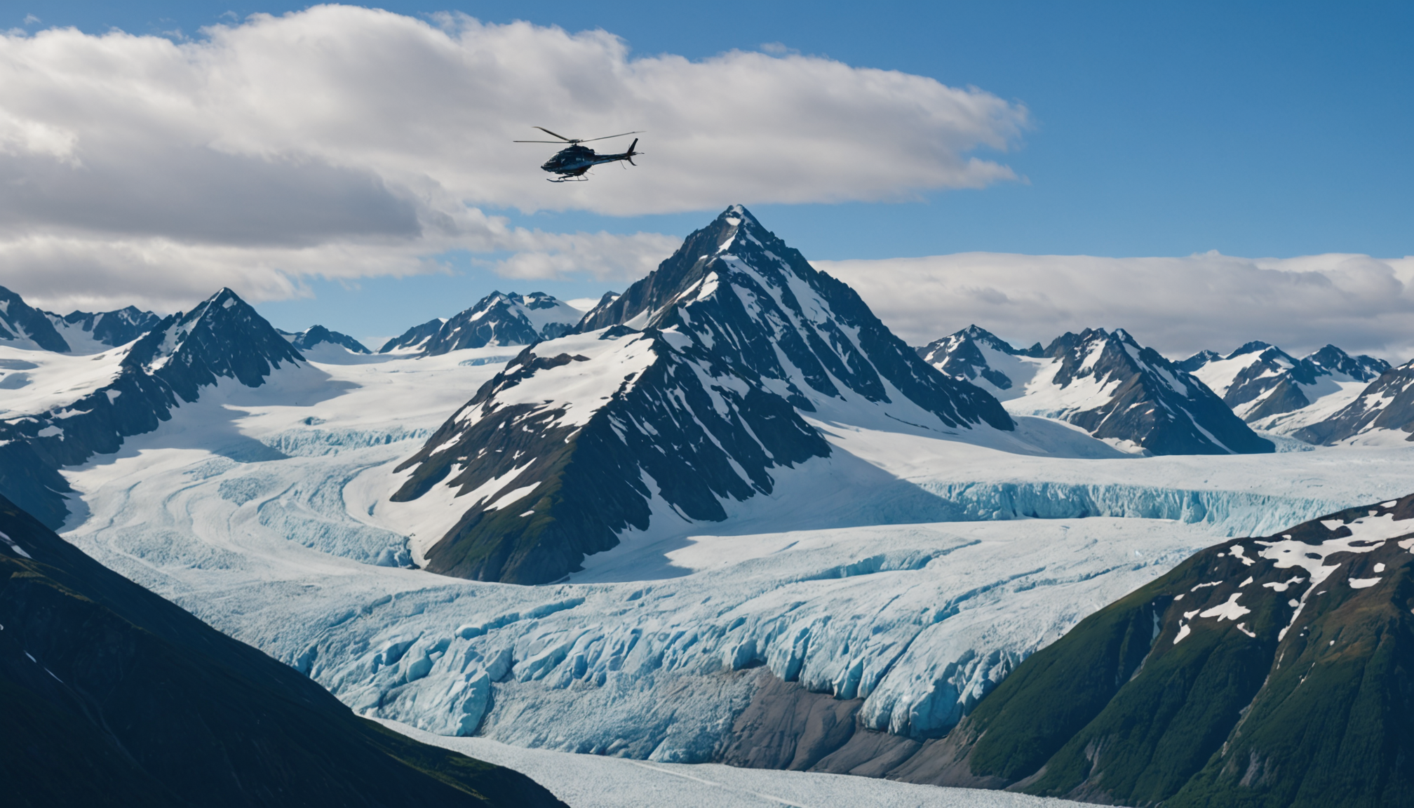 Helicopter flying over Knik Glacier