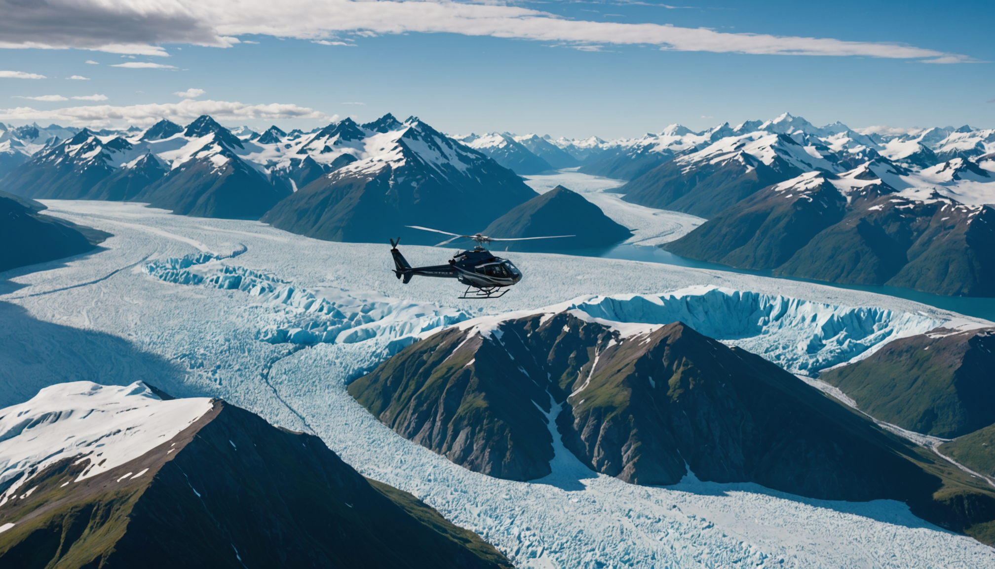 Helicopter flying over Knik Glacier
