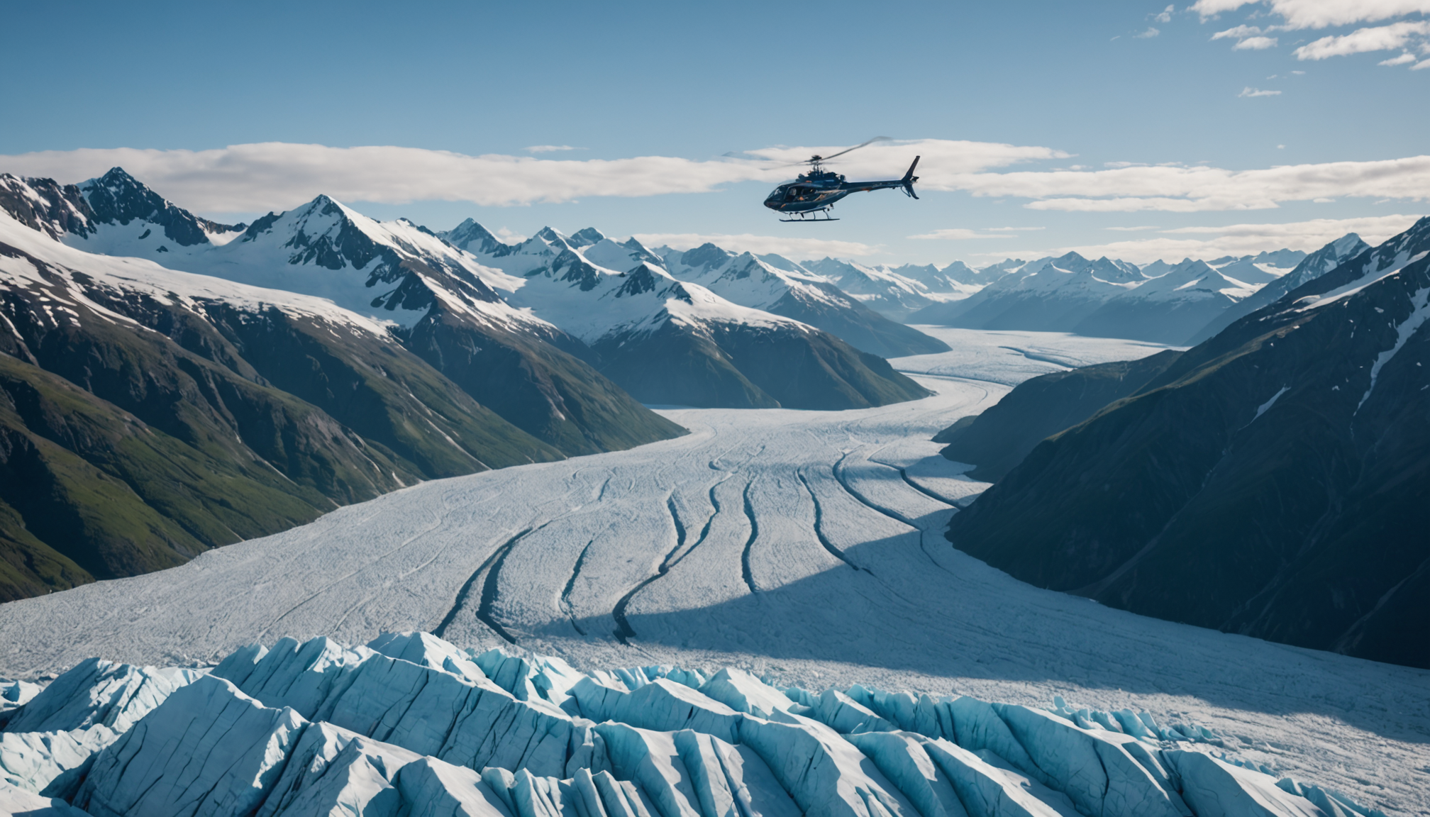 Helicopter flying over Knik Glacier