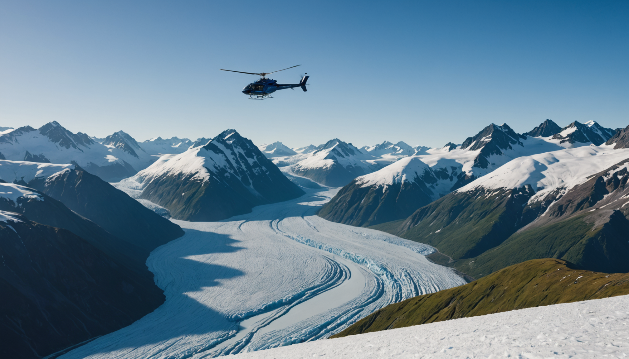 Helicopter flying over Knik Glacier