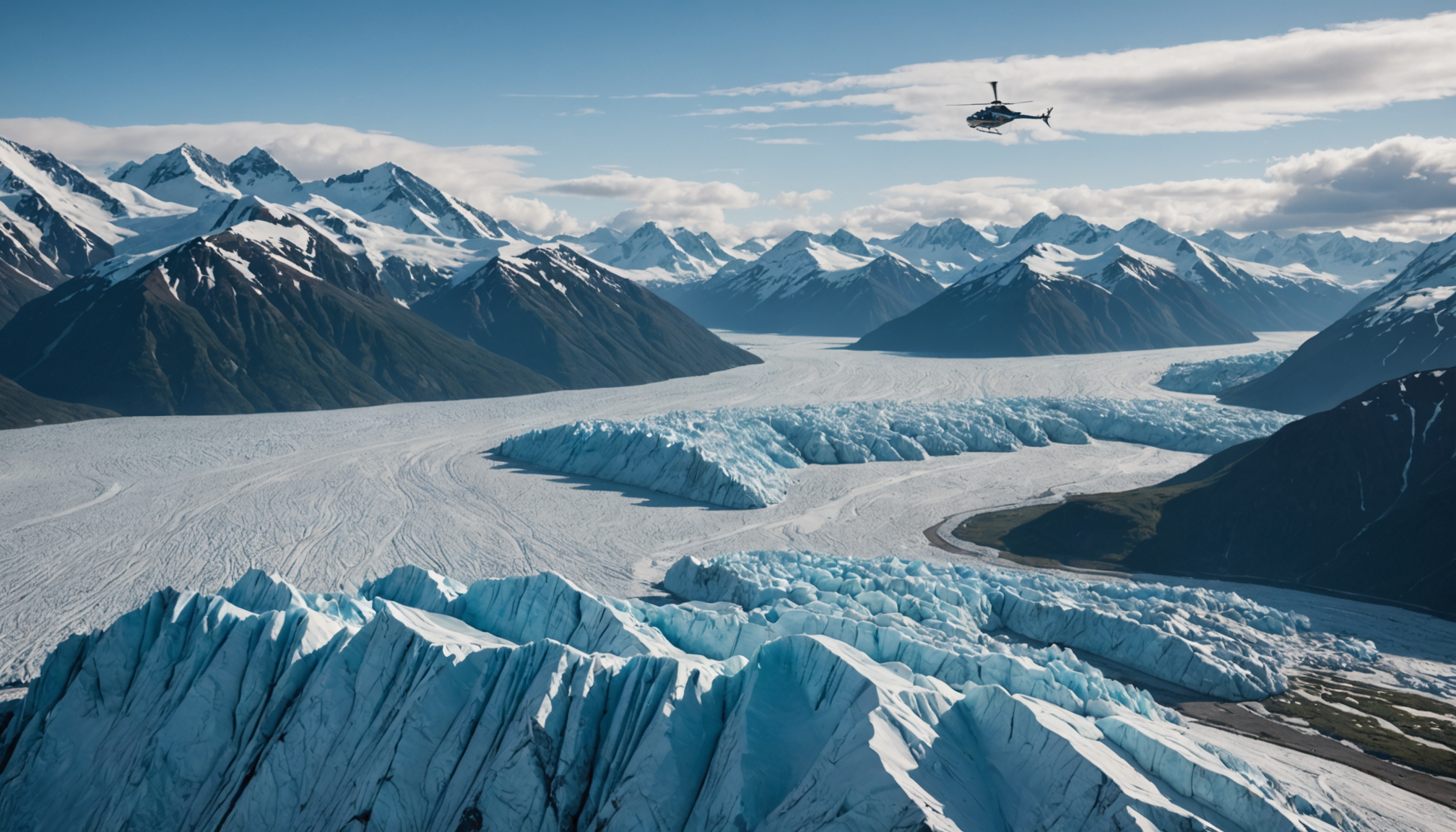 Helicopter flying over Knik Glacier