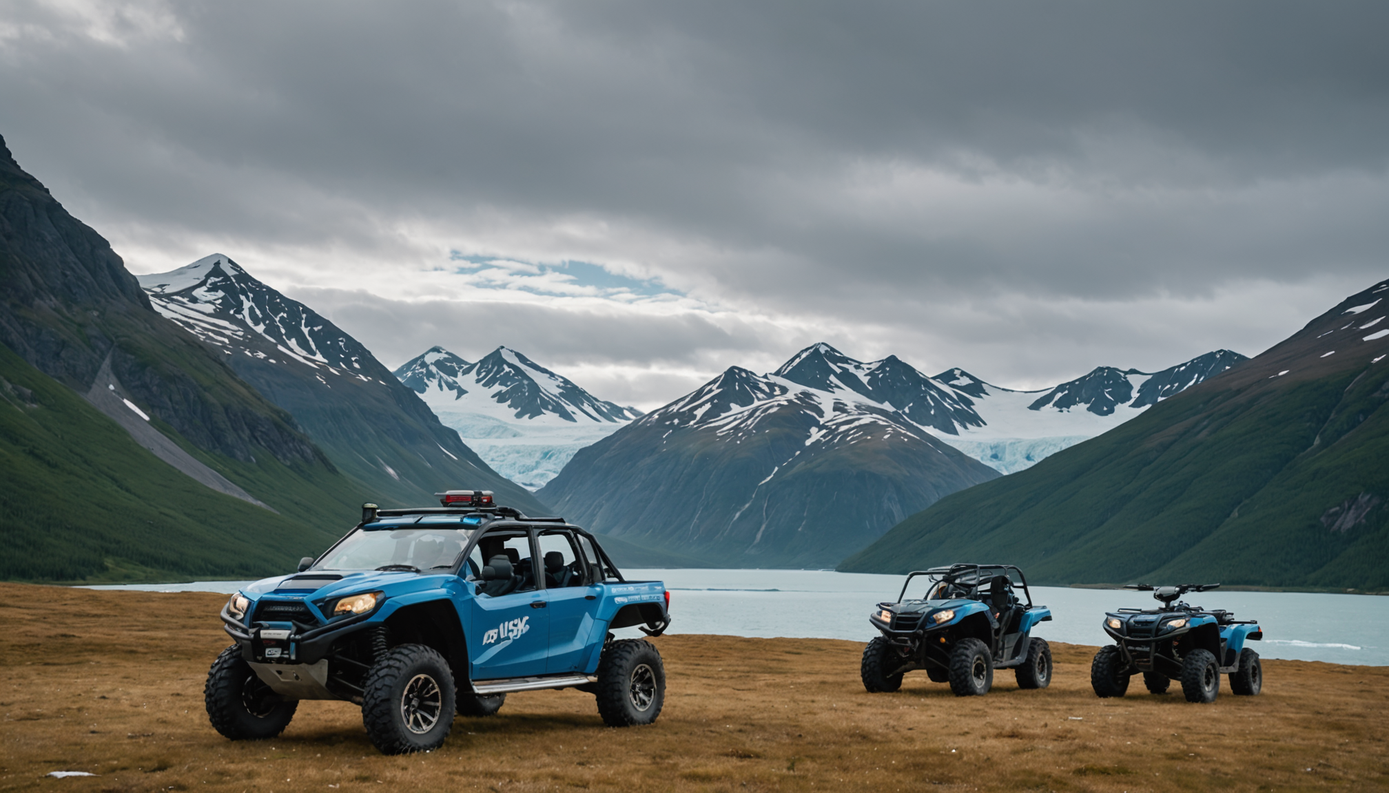 A group of ATVs parked on the edge of Knik Glacier with towering ice formations in the background.