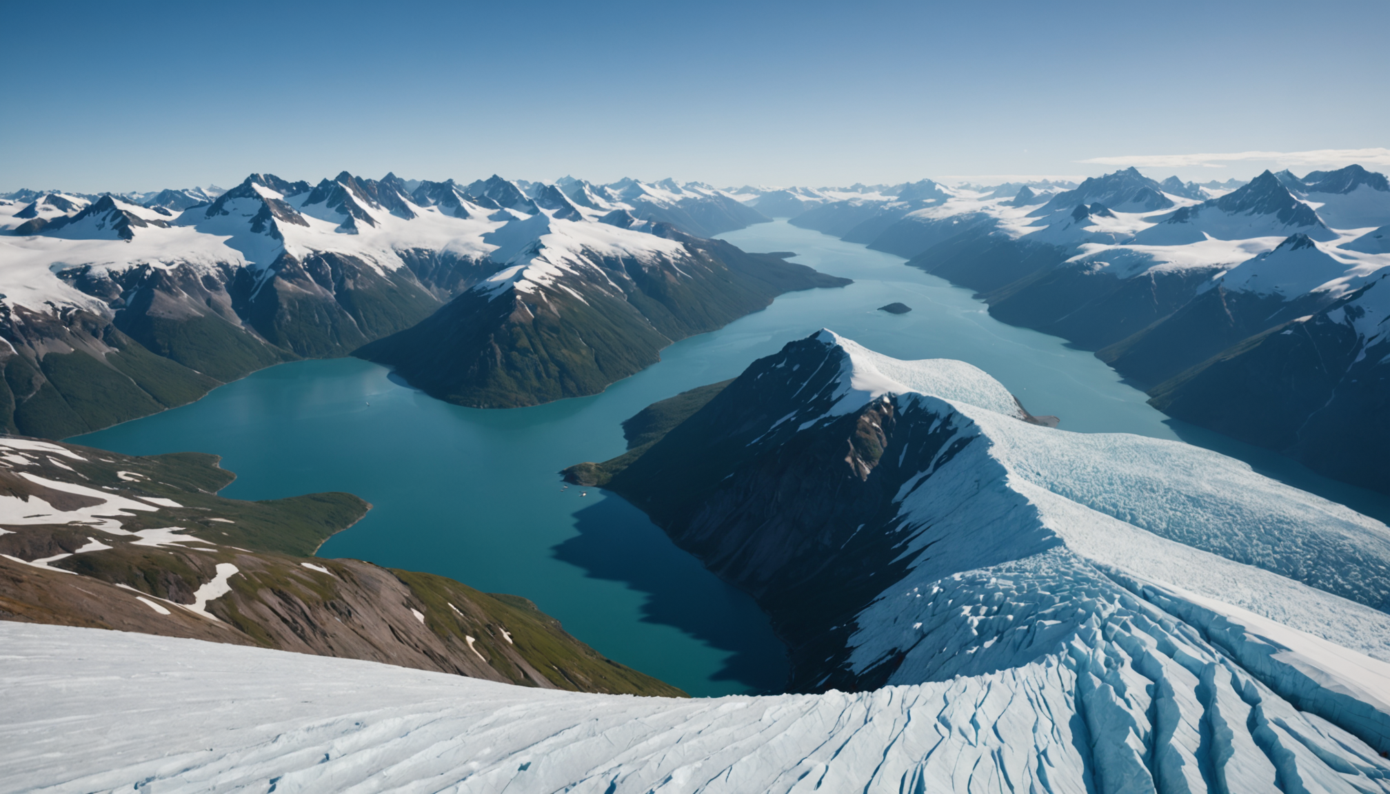 Aerial view of Prince William Sound with glaciers and mountains