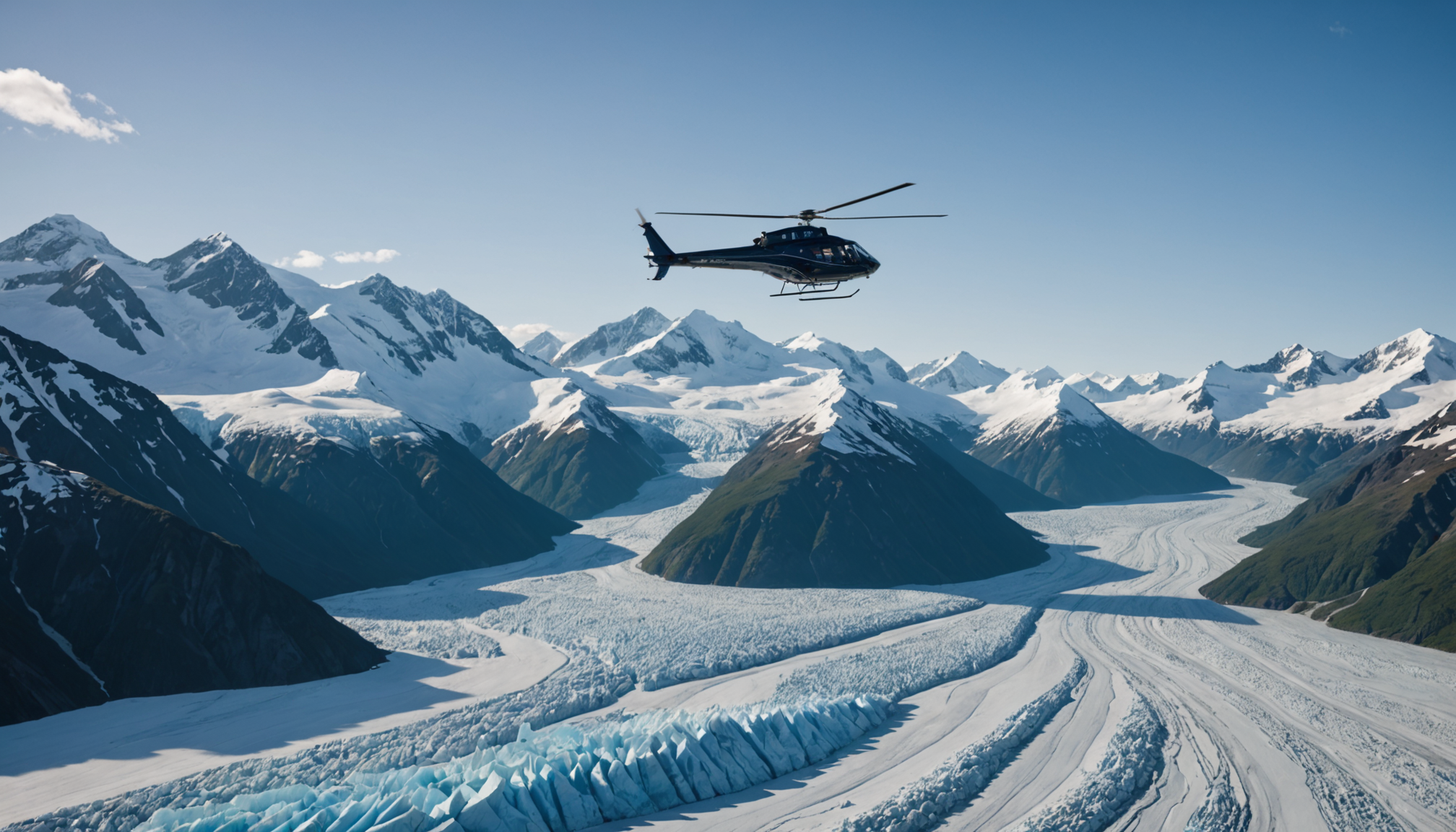 Helicopter flying over Knik Glacier