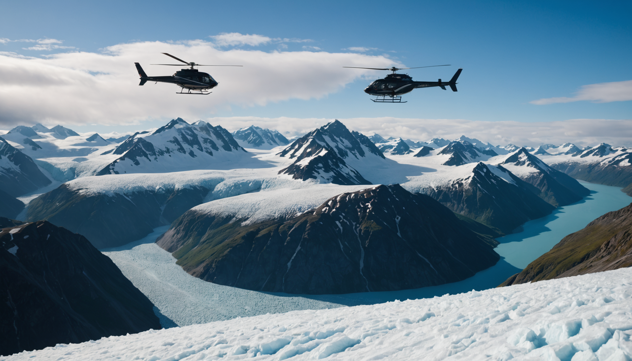 Helicopter hovering above Yanert Glacier