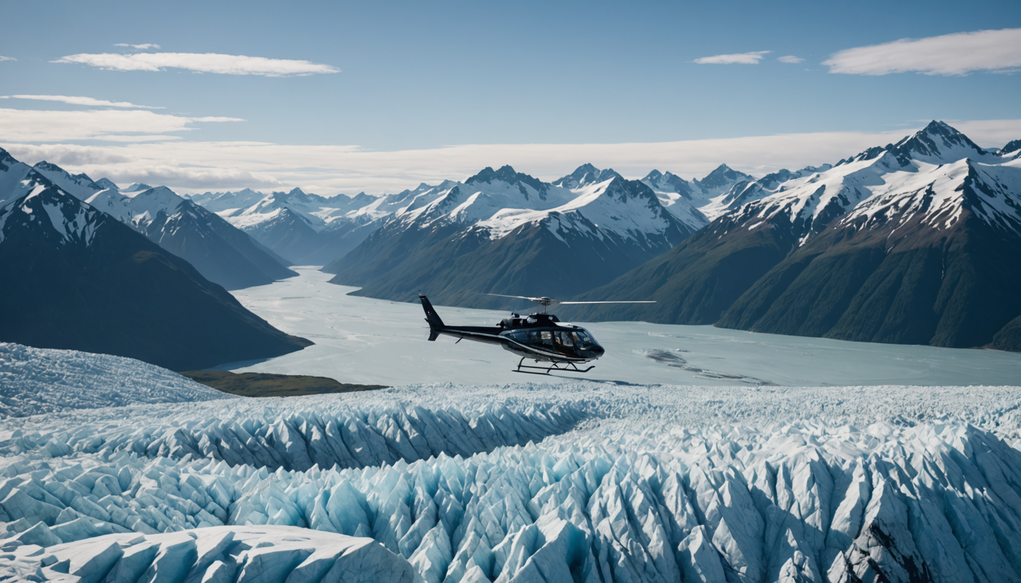 A helicopter flying over the Knik Glacier