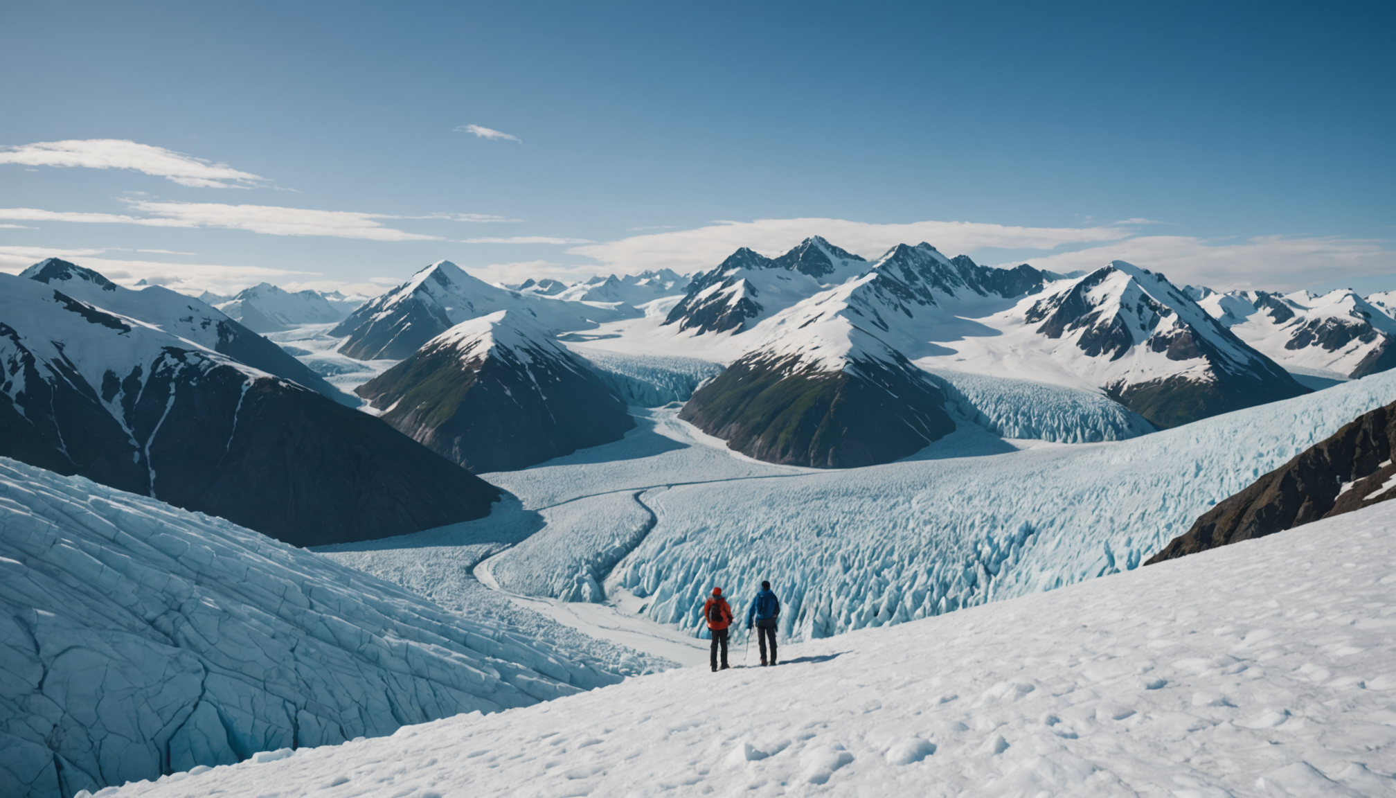A couple standing on Knik Glacier, surrounded by icy peaks