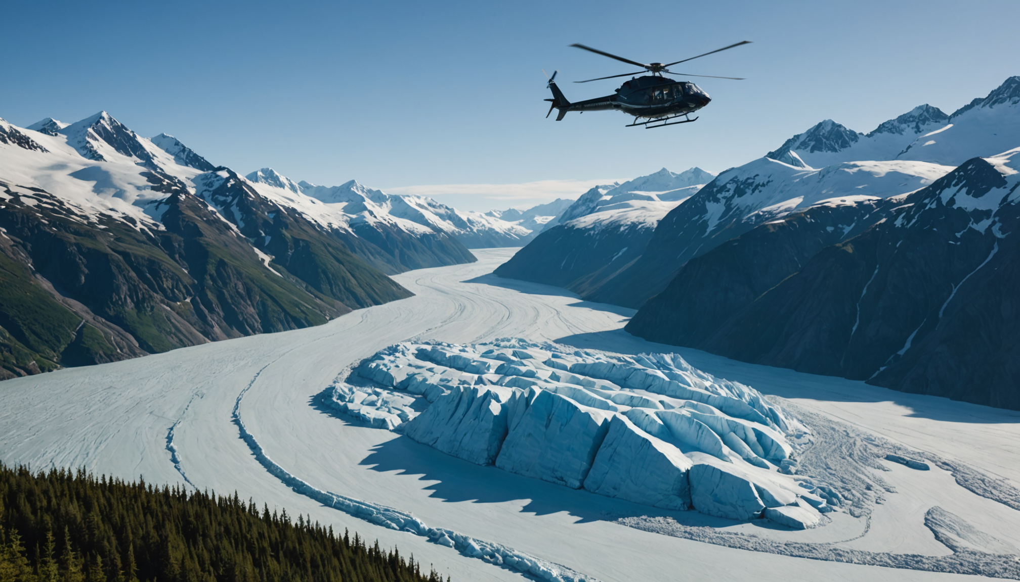 A helicopter flying over Knik Glacier
