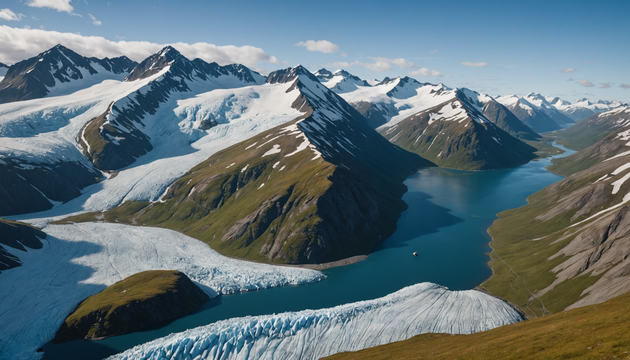 Aerial view of Hatcher Pass with a remote work setup overlooking the mountains