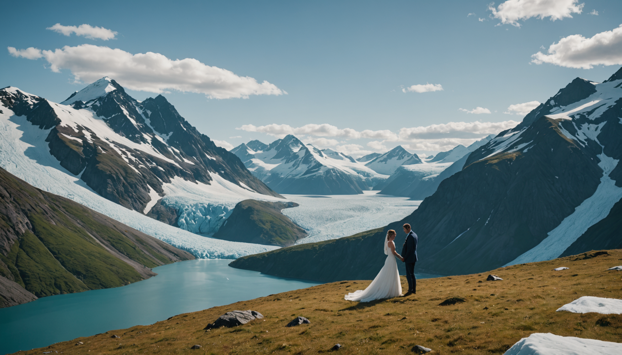 A couple exchanging vows surrounded by towering glaciers in Knik Glacier, Alaska.