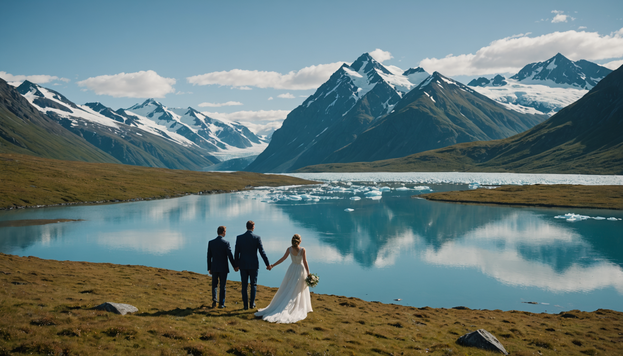 A couple eloping on Knik Glacier with a helicopter in the background