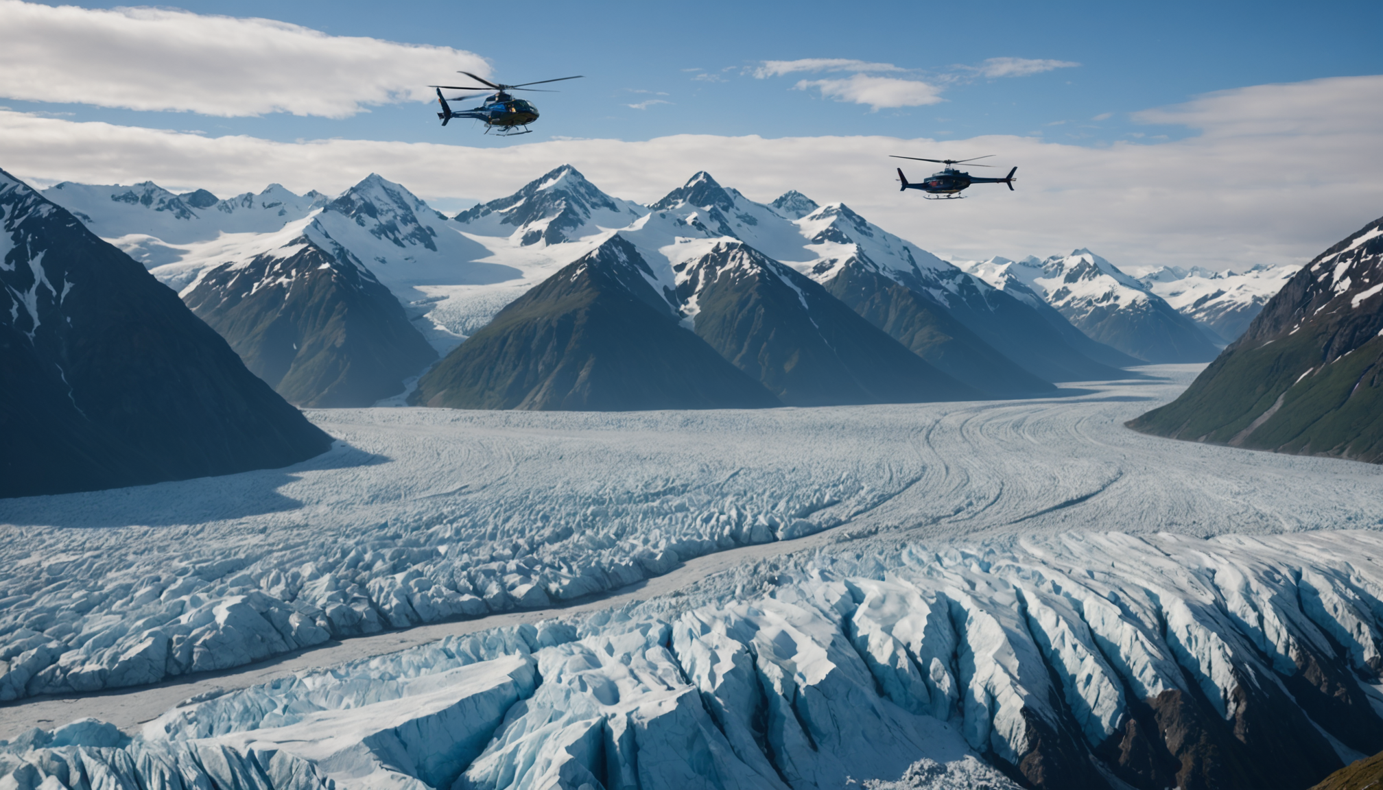 Helicopter flying over Knik Glacier with a clear blue sky