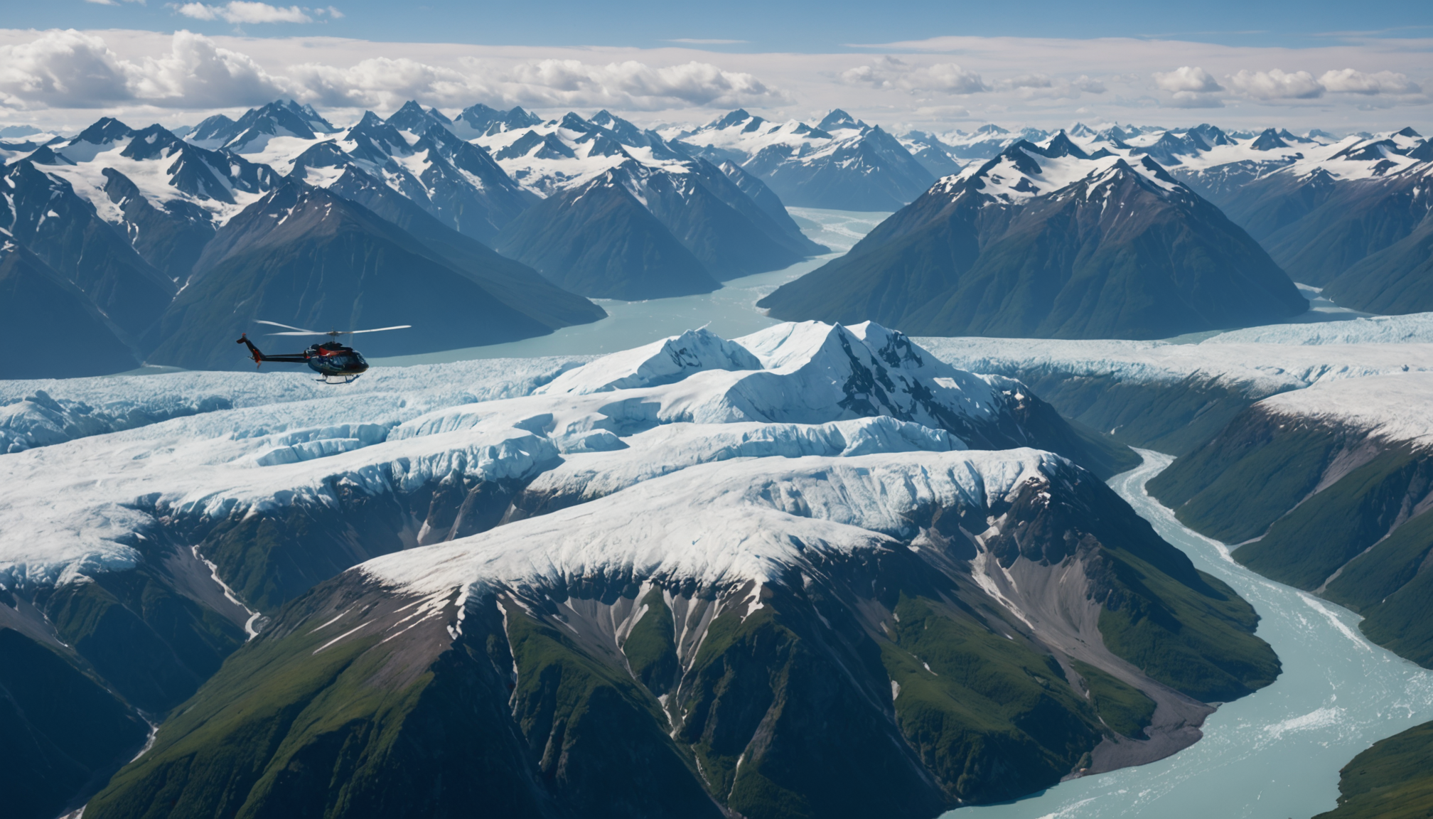 Helicopter flying over Knik Glacier