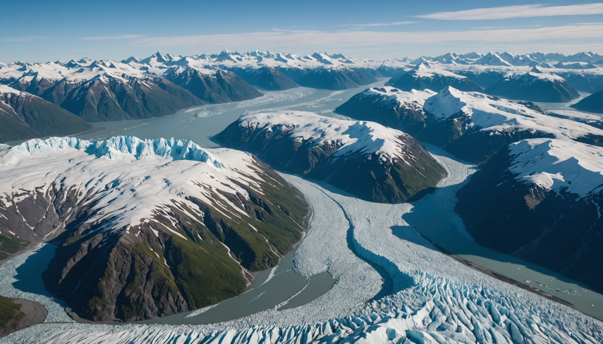 Aerial view of Knik Glacier with a helicopter in the foreground