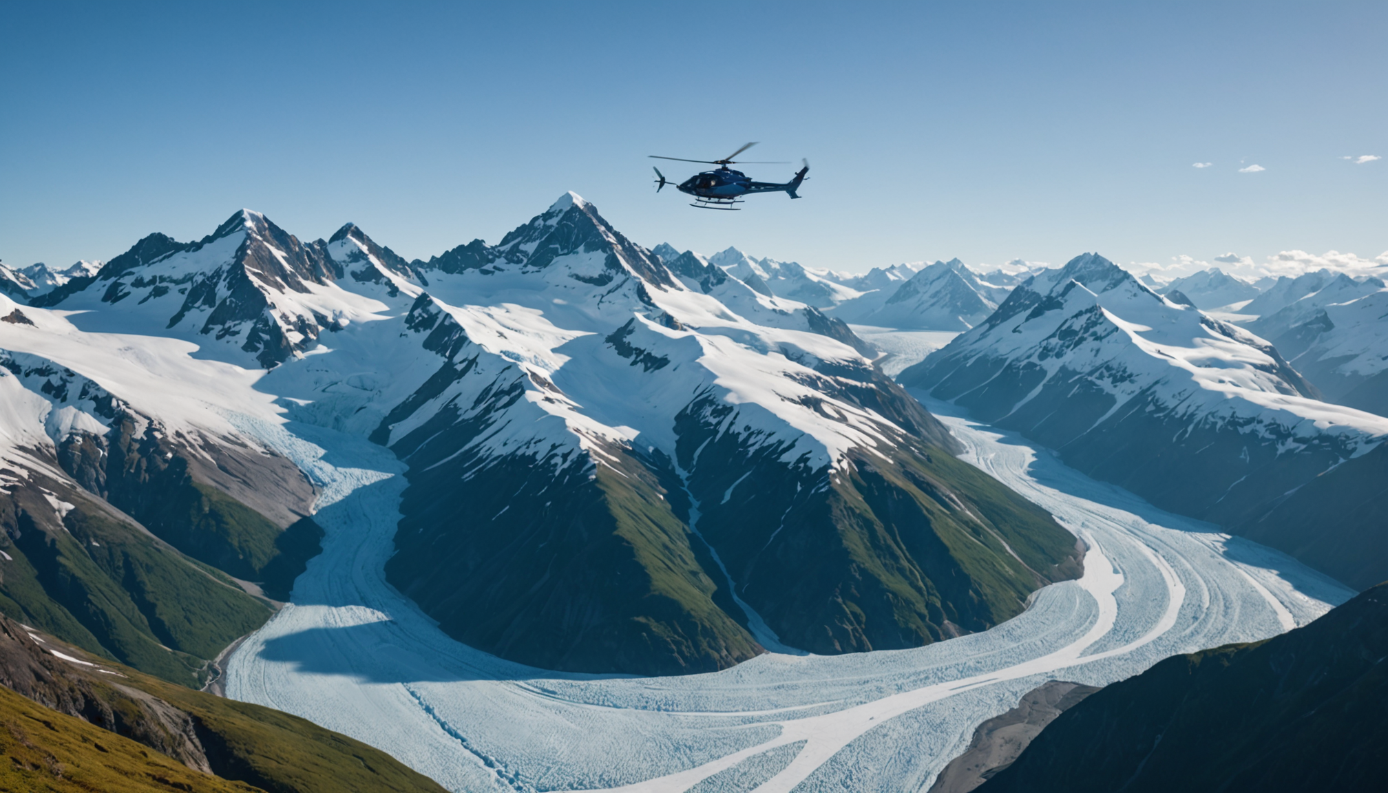 Helicopter flying over the Knik Glacier