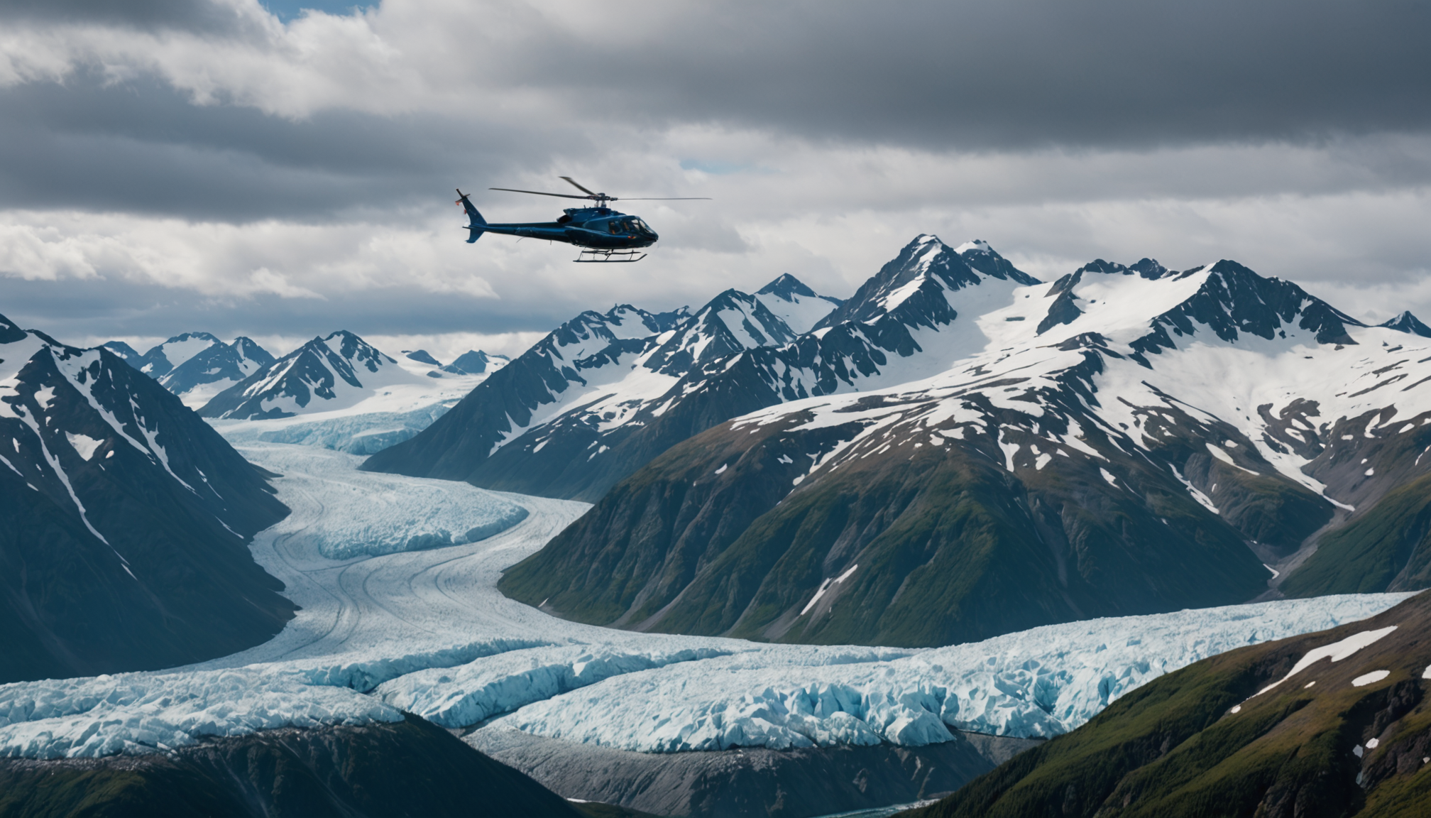 Helicopter flying over Chugach Mountains