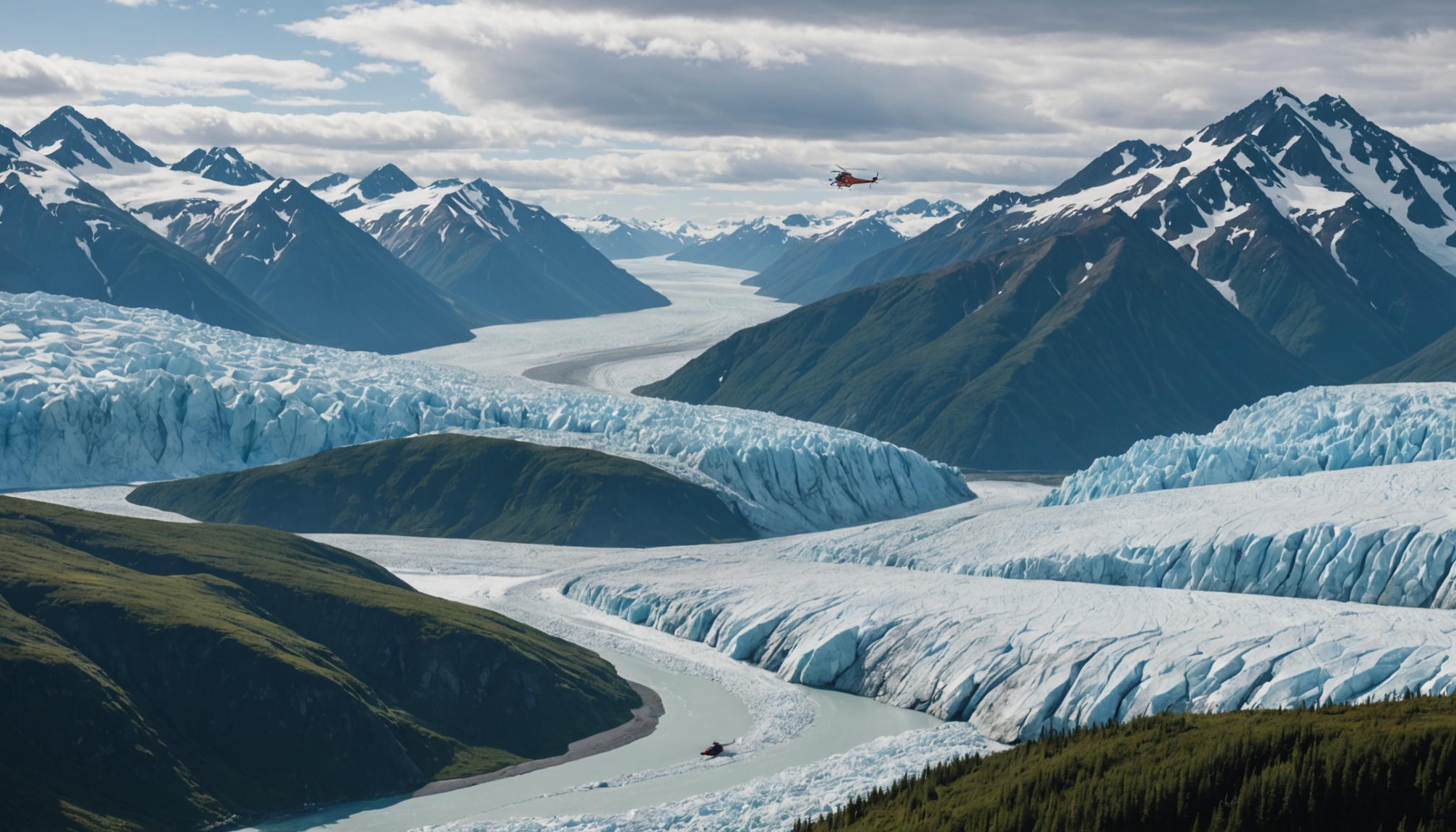 Helicopter flying over Knik Glacier