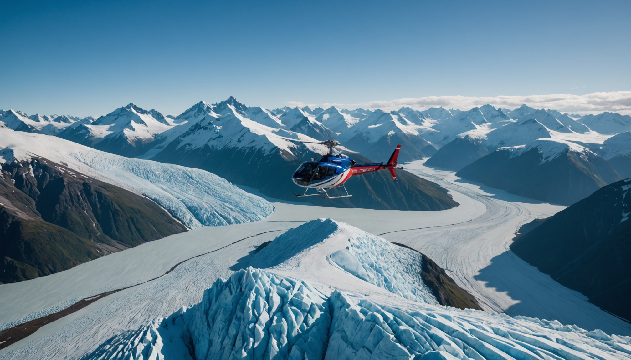 Helicopter flying over Knik Glacier