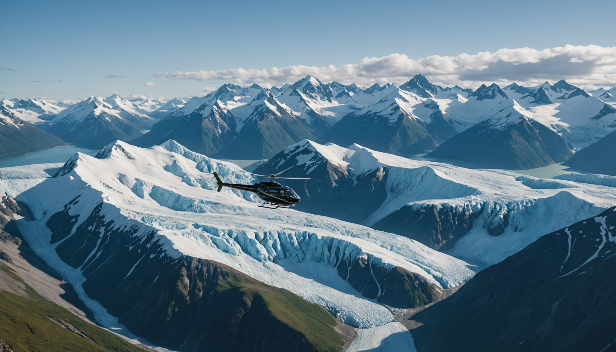 Helicopter flying over Knik Glacier