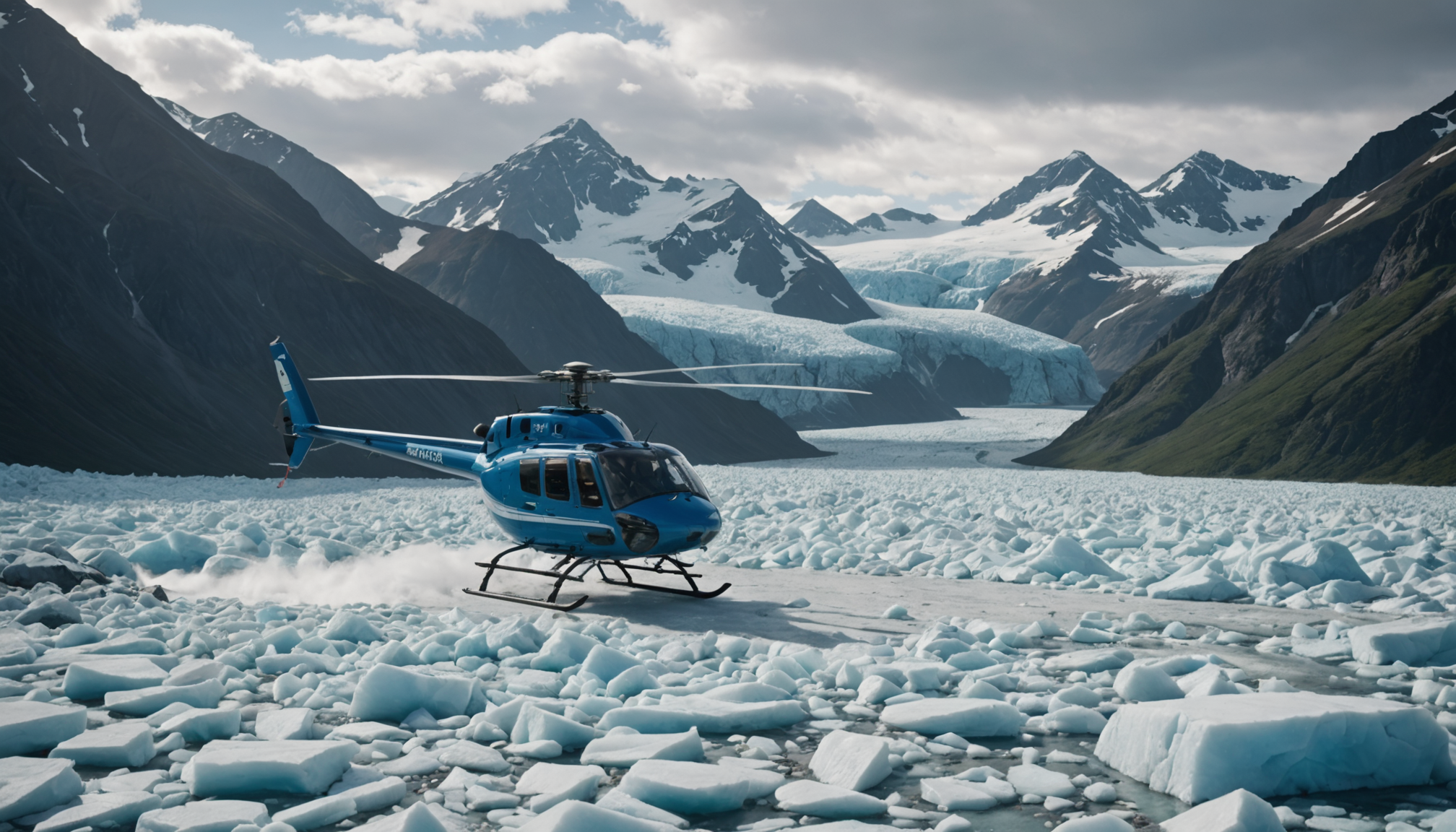 A helicopter landing on a glacier with a wedding couple