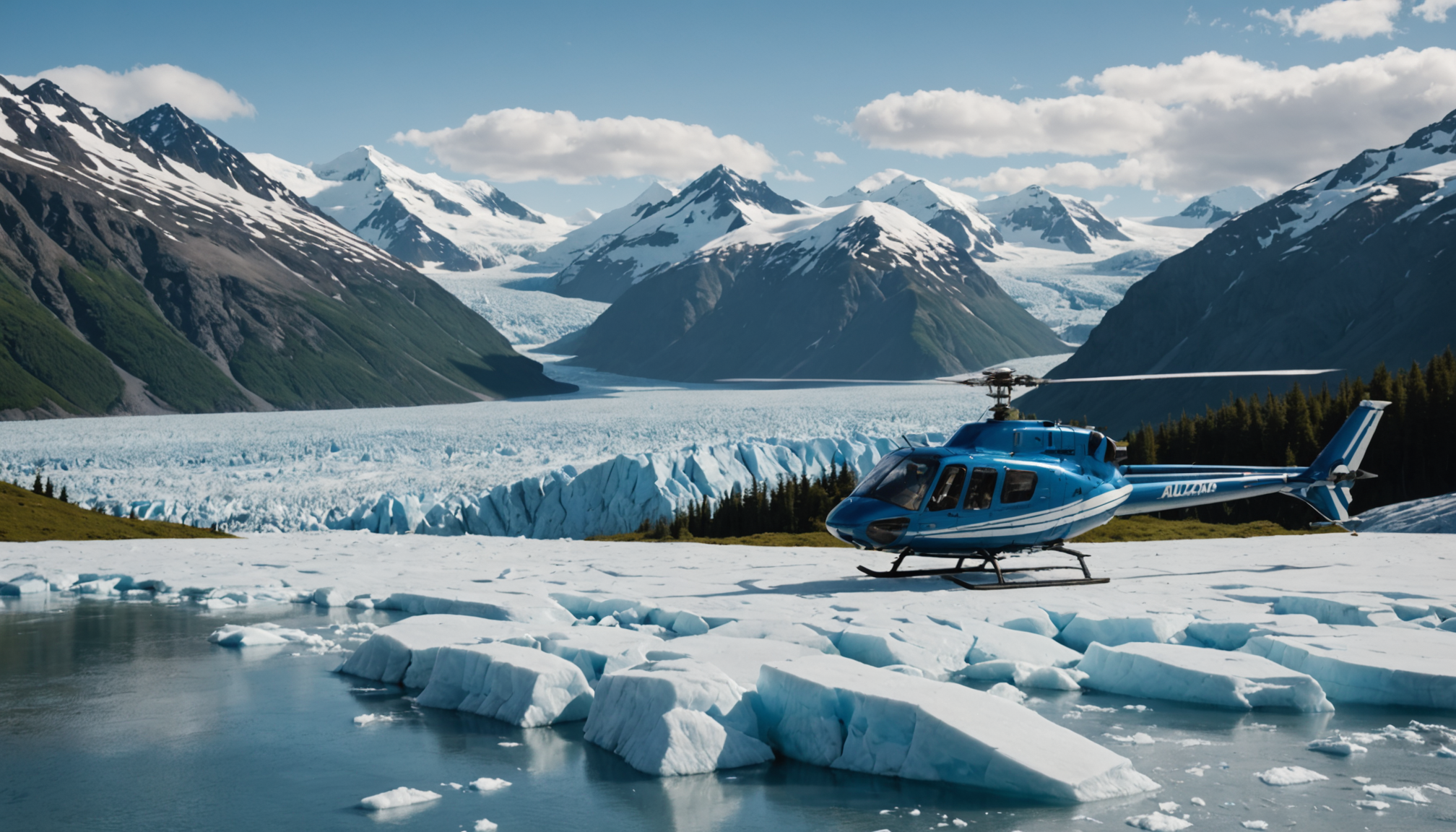 A helicopter landing on a glacier with a couple preparing for an elopement ceremony.