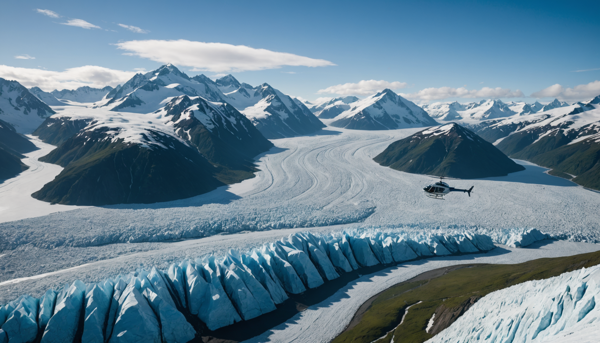 Helicopter flying over Knik Glacier
