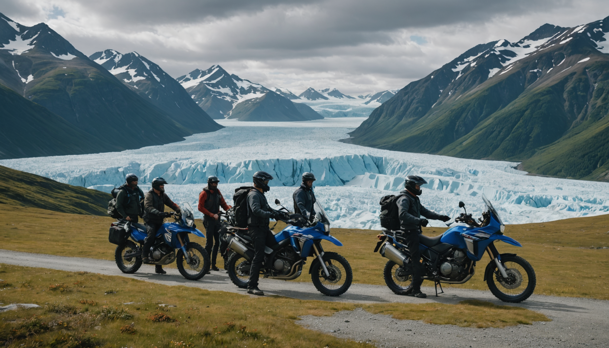 A group of bikers taking a break with a view of the Knik Glacier.