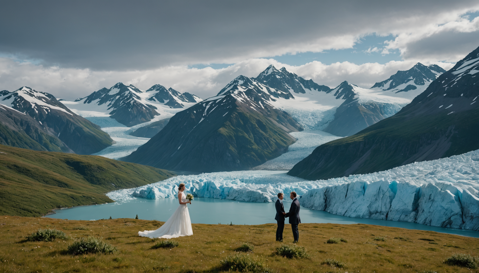 Couple exchanging vows with Chugach Mountains in the background