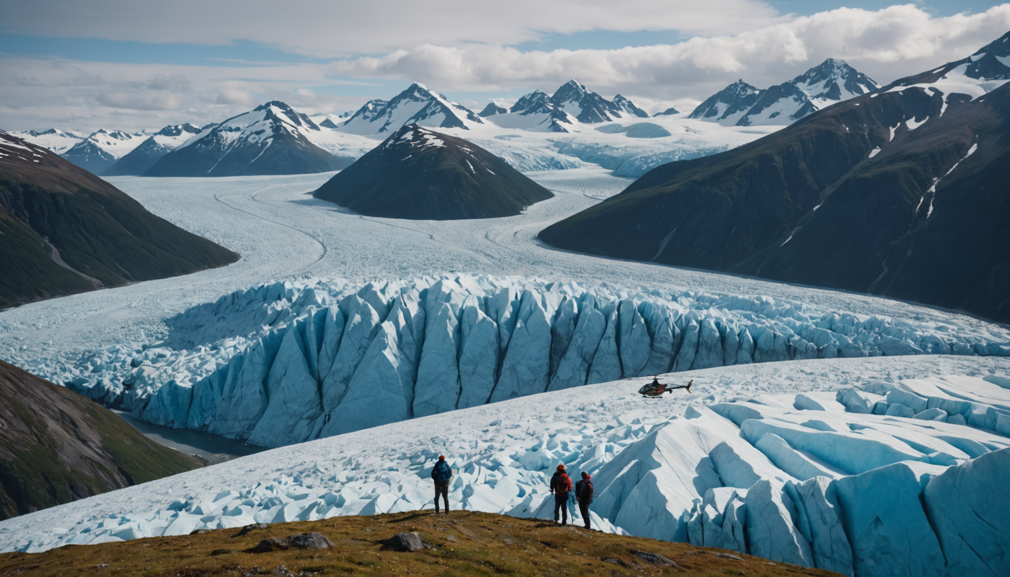 Helicopter landing on a glacier with climbers preparing for an ascent