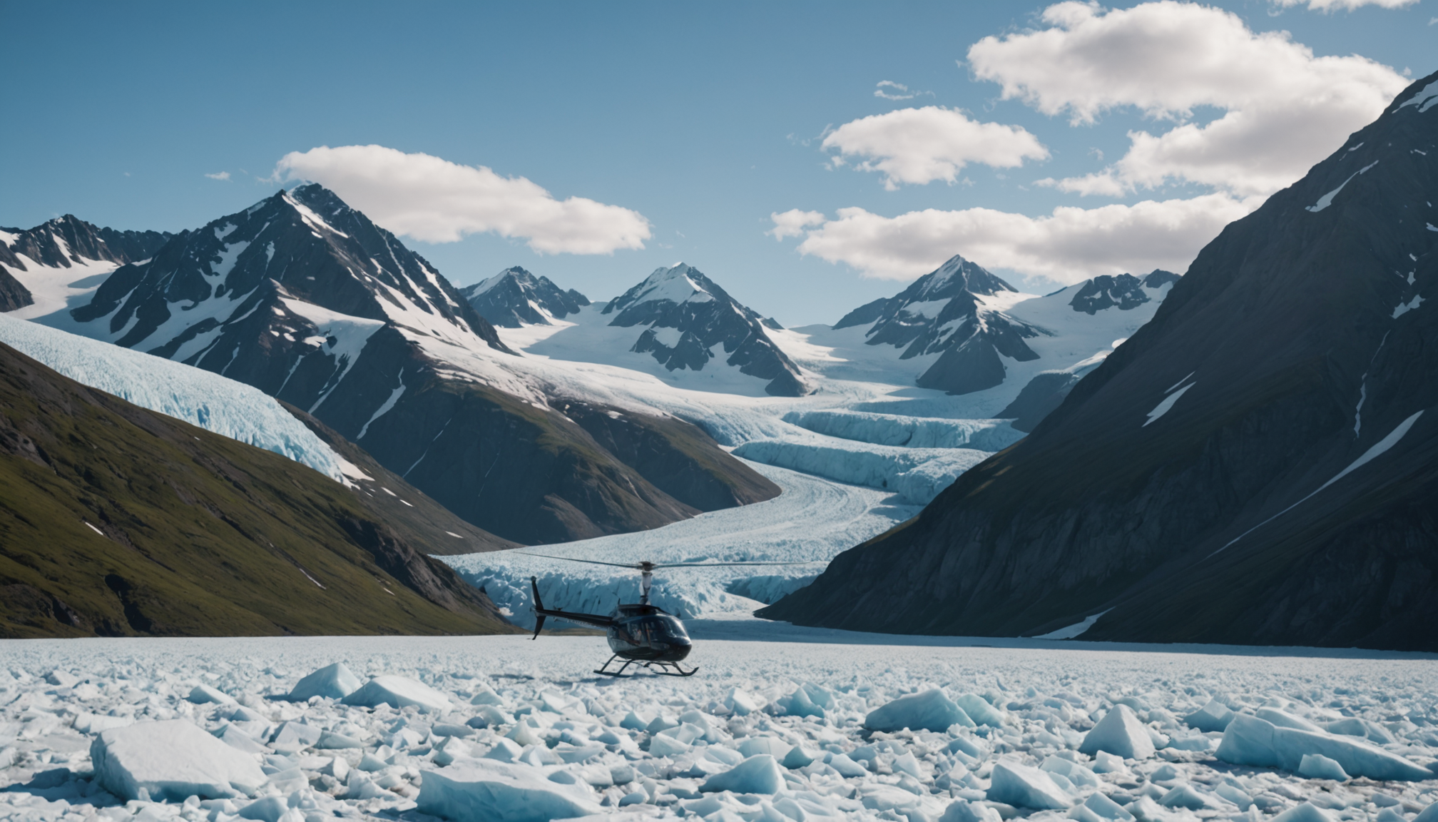 Helicopter landing on a glacier in the Chugach Mountains