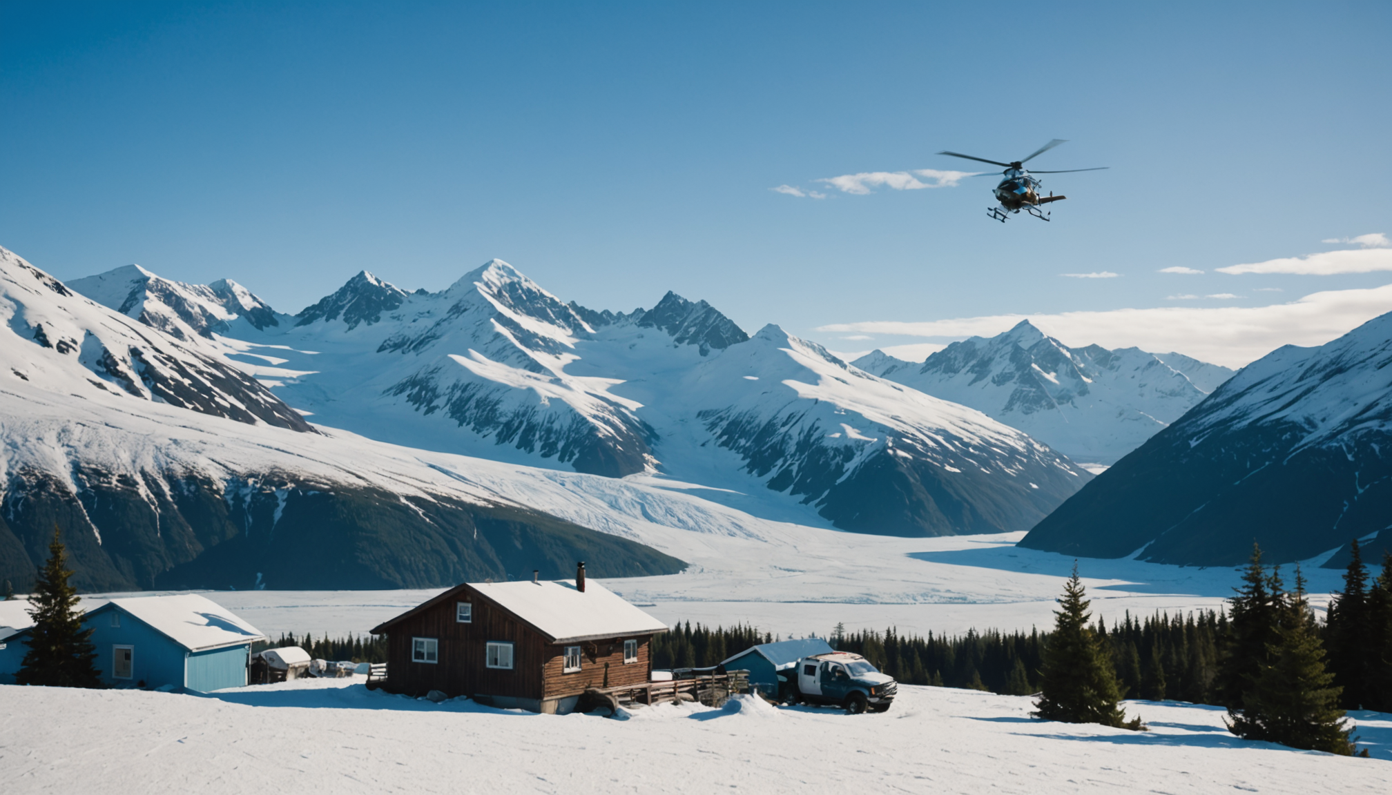 Snow-covered cabin in Anchorage with Northern Lights above