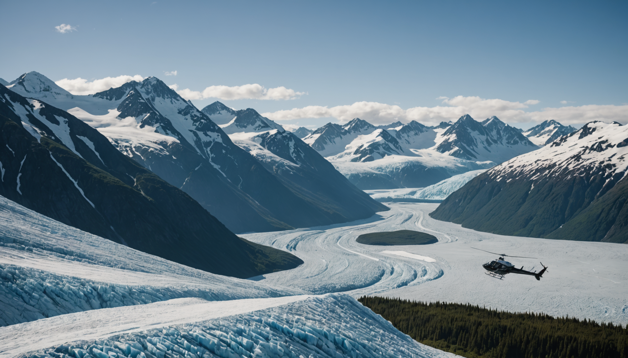 Helicopter flying over Chugach Mountains