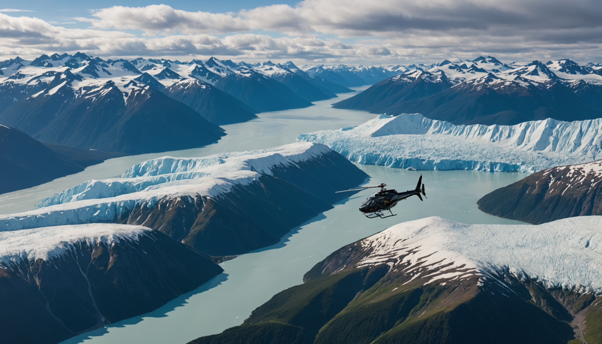 Helicopter over Homer Spit with Kenai Mountains